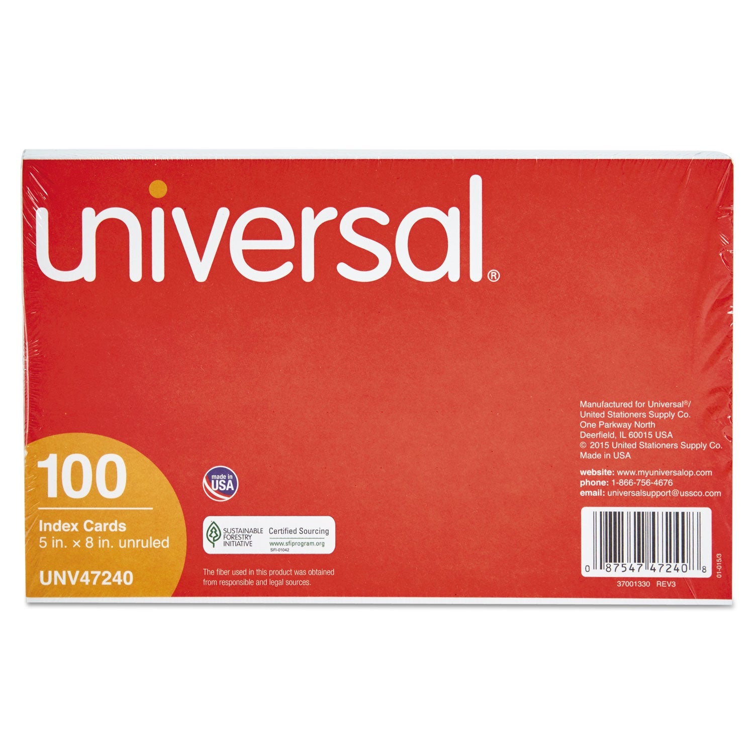 Universal Unruled Index Cards, 5 x 8, White, 100/Pack