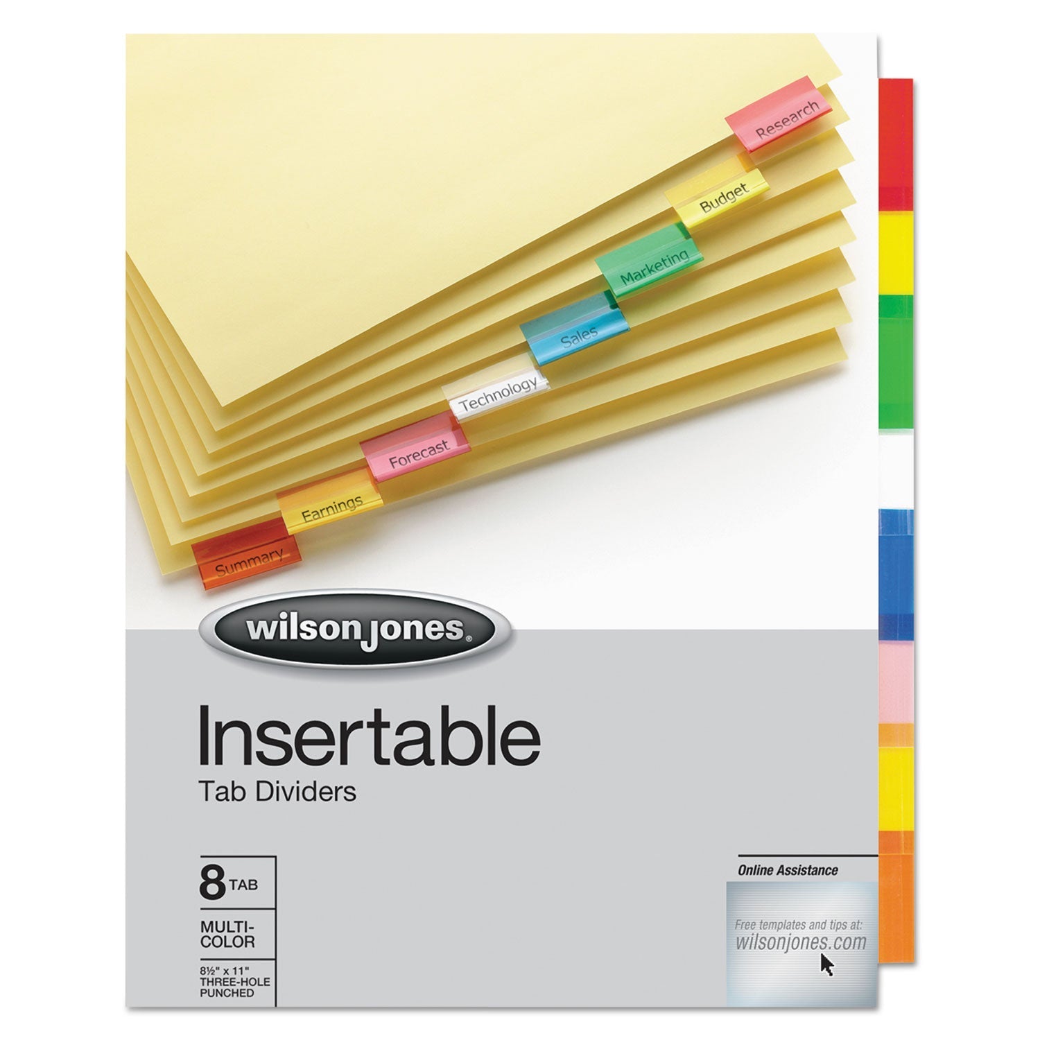 Wilson Jones Insertable Tab Dividers, 3-Hole Punched, 8-Tab, 11 x 8.5, Buff, Assorted Tabs, 1 Set