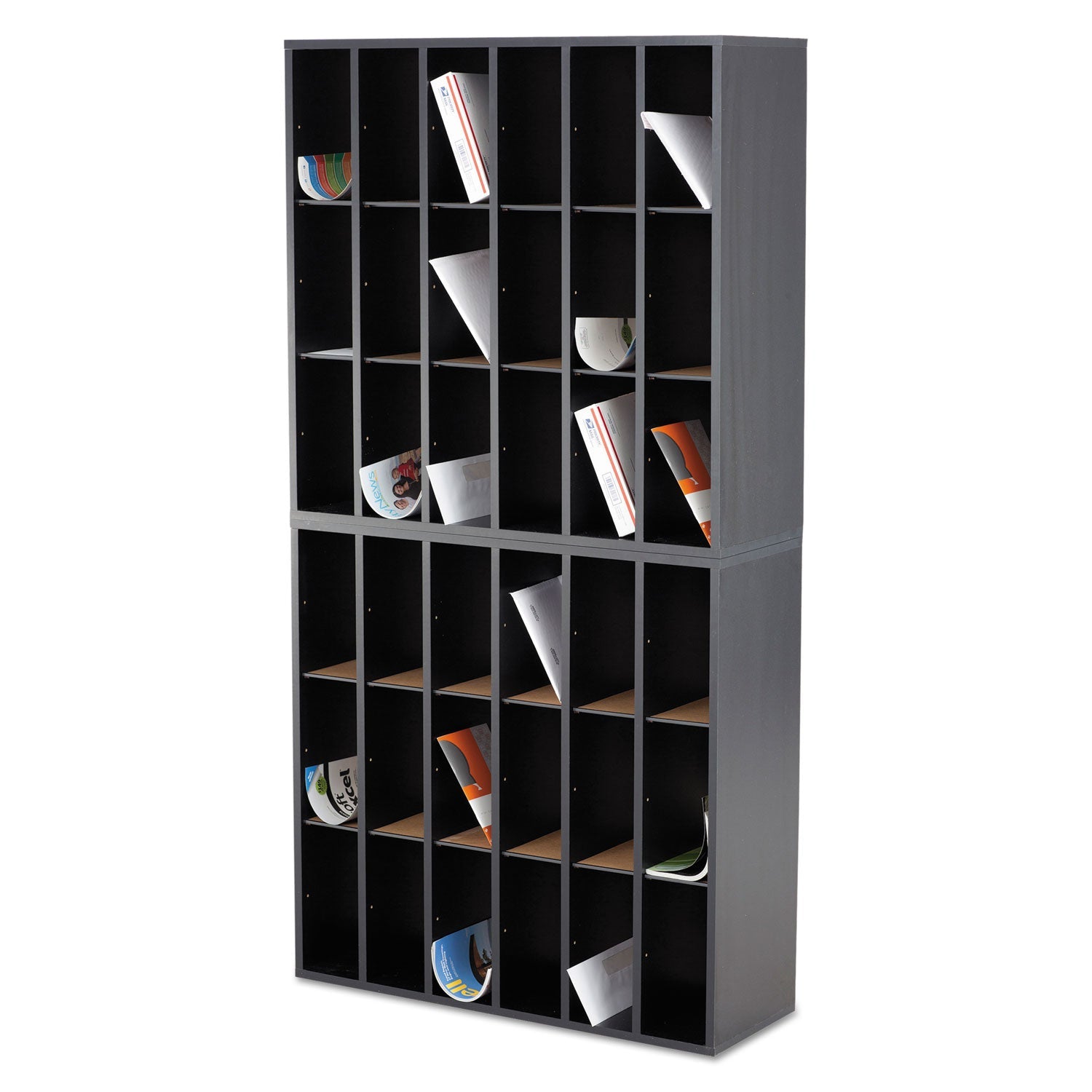 Safco Wood Mail Sorter with Adjustable Dividers, Stackable, 18 Compartments, 33.75 x 12 x 32.75, Black