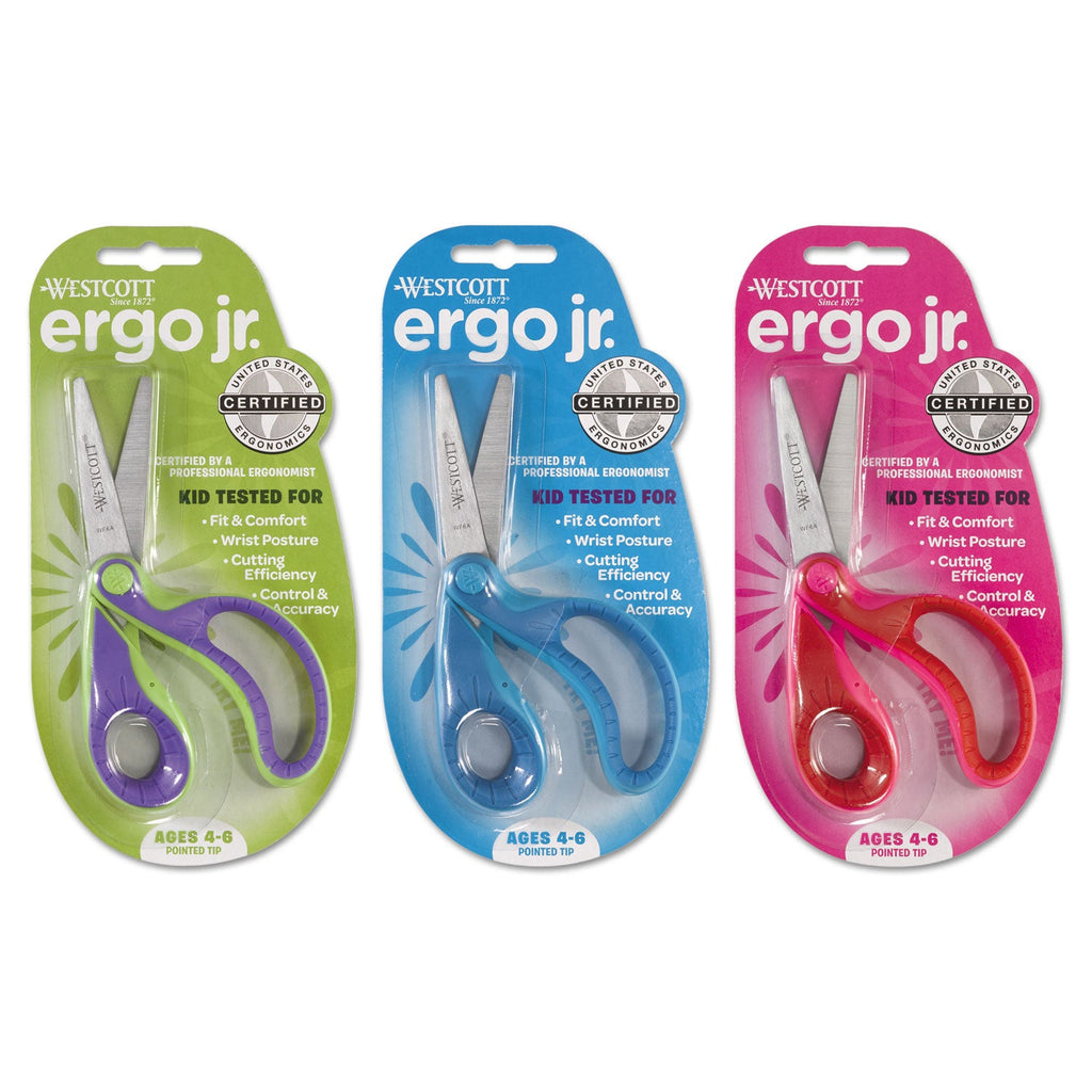 Westcott Ergo Jr. Kids' Scissors, Pointed Tip, 5" Long, 1.5" Cut Length, Randomly Assorted Straight Handles