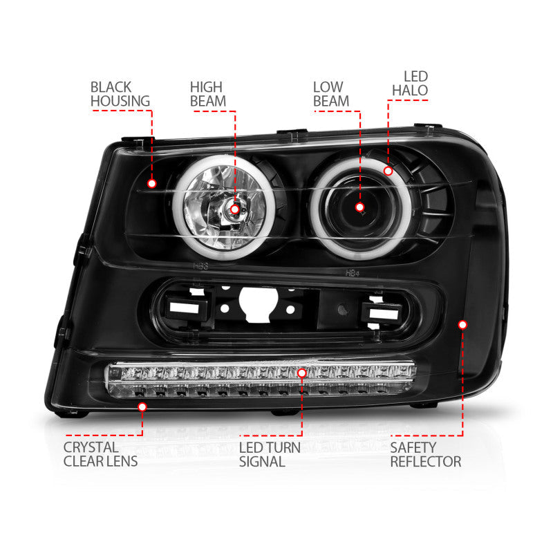 Anzo 2002-2009 Chevrolet Trailblazer Projector Headlights w/ Halo Black