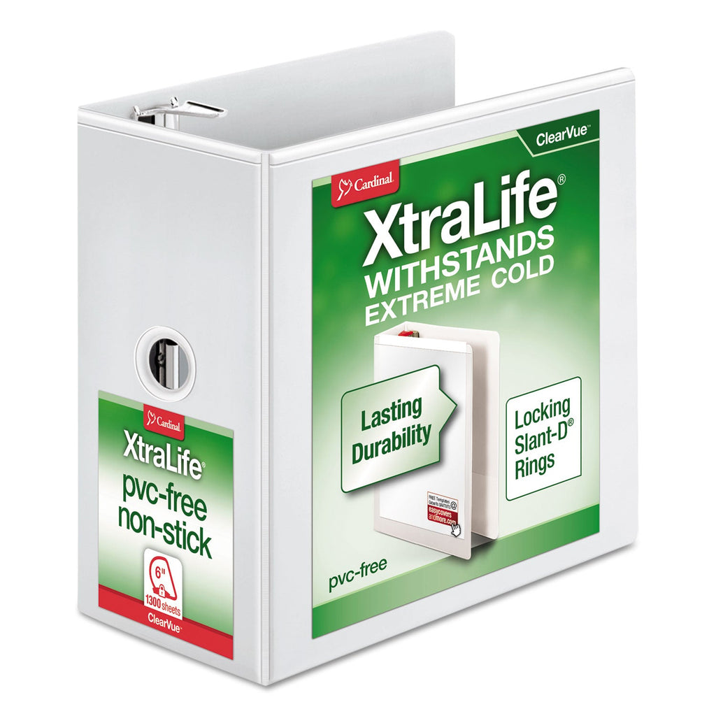Cardinal XtraLife ClearVue Non-Stick Locking Slant-D Ring Binder, 3 Rings, 6" Capacity, 11 x 8.5, White