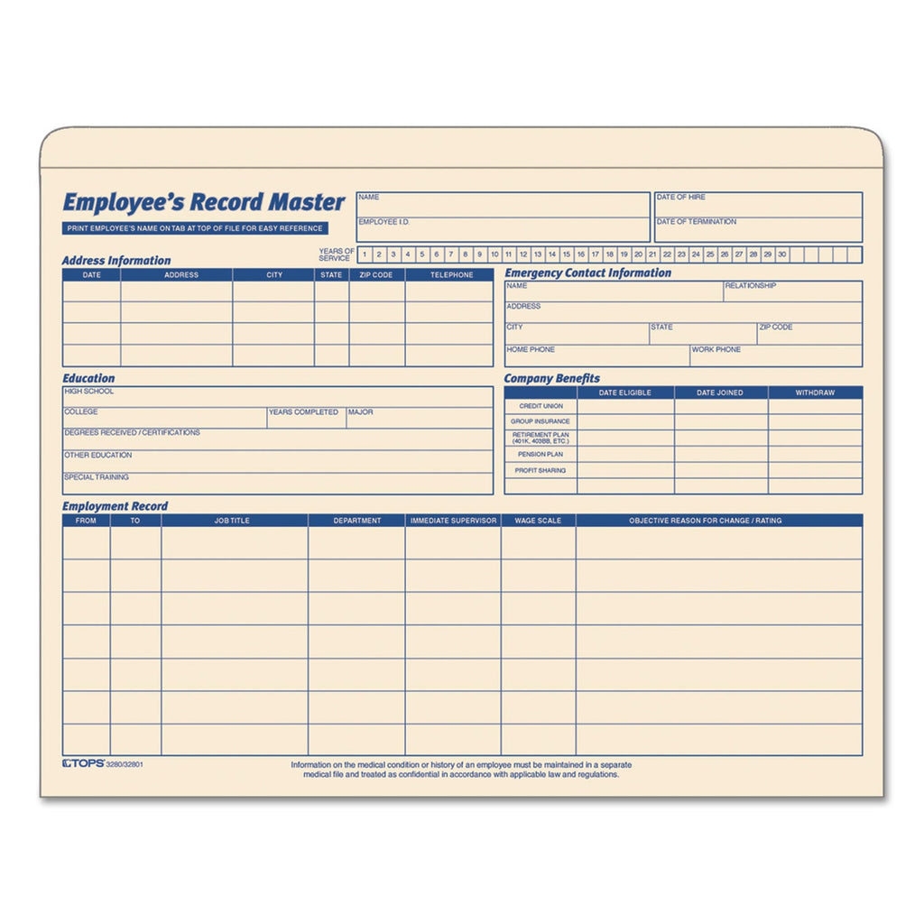 TOPS Employee Record Master File Jacket, Straight Tab, Letter Size, Manila, 20/Pack