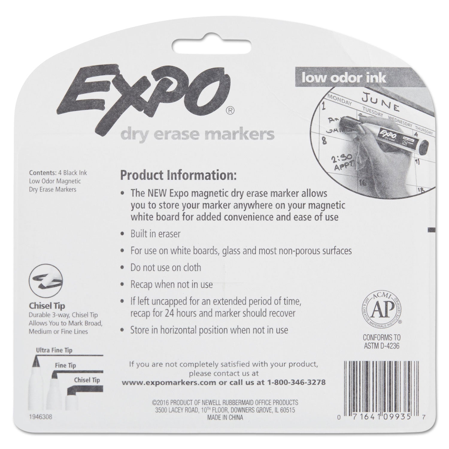 EXPO Magnetic Dry Erase Marker, Broad Chisel Tip, Black, 4/Pack