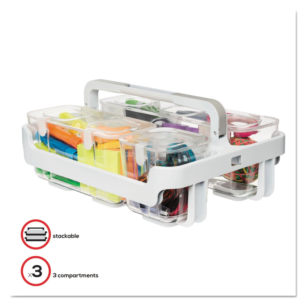 deflecto Stackable Caddy Organizer with S, M and L Containers, Plastic, 10.5 x 14 x 6.5, White Caddy/Clear Containers