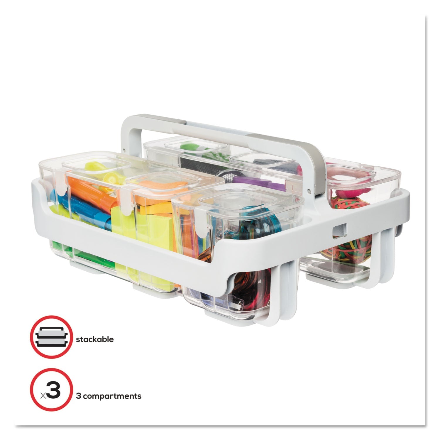 deflecto Stackable Caddy Organizer with S, M and L Containers, Plastic, 10.5 x 14 x 6.5, White Caddy/Clear Containers