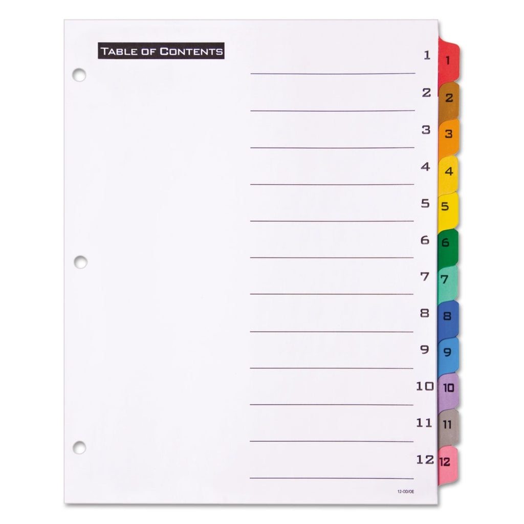 Office Essentials Table 'n Tabs Dividers, 12-Tab, 1 to 12, 11 x 8.5, White, Assorted Tabs, 1 Set