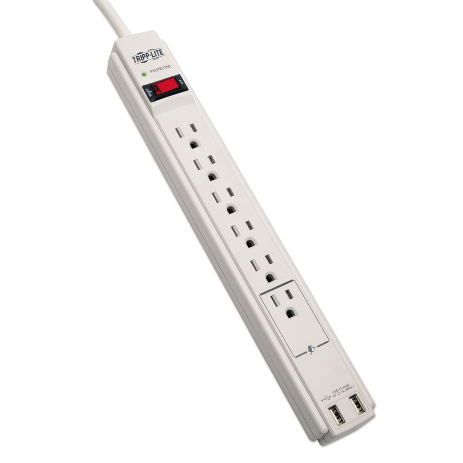 Tripp Lite Protect It! Surge Protector, 6 AC Outlets/2 USB Ports, 6 ft Cord, 990 J, Cool Gray