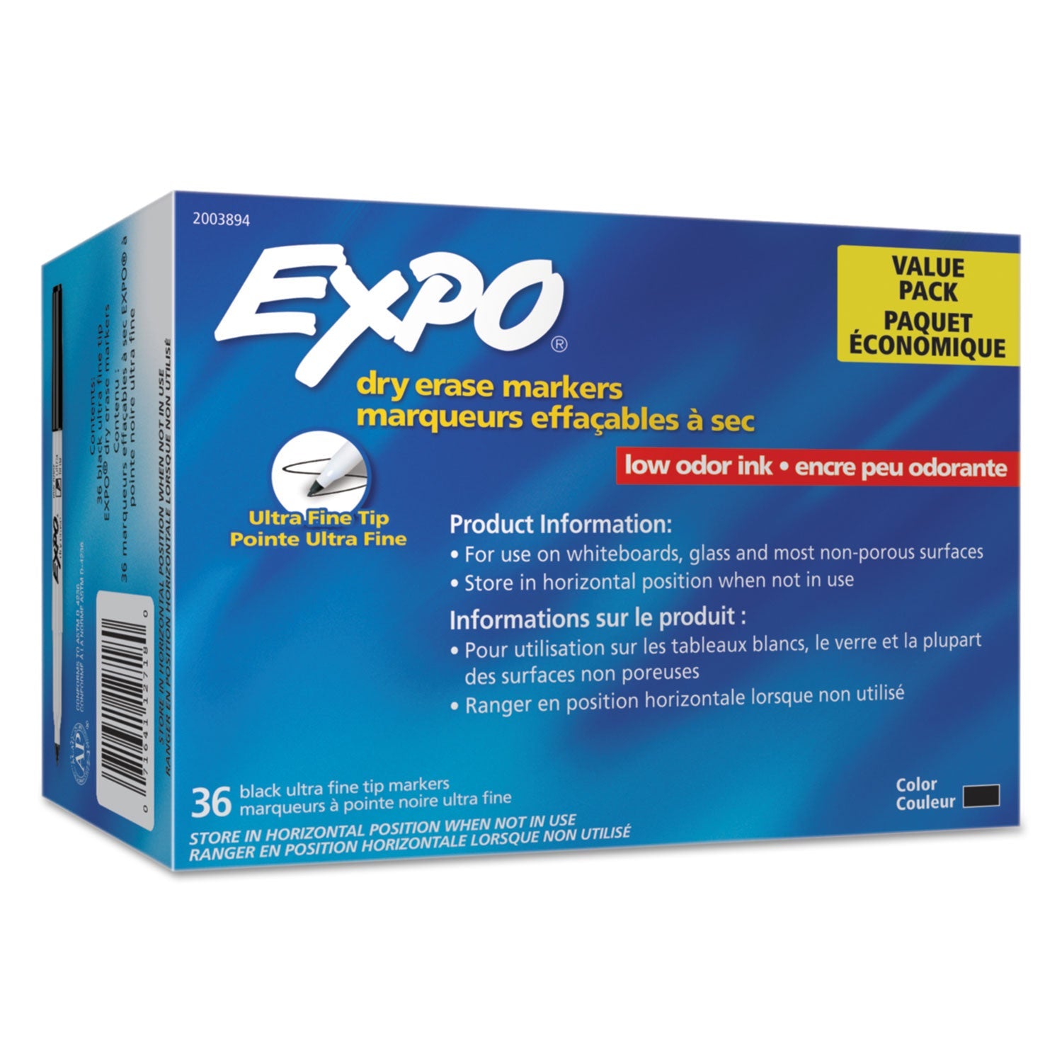 EXPO Low-Odor Dry Erase Marker Office Value Pack, Extra-Fine Needle Tip, Black, 36/Pack