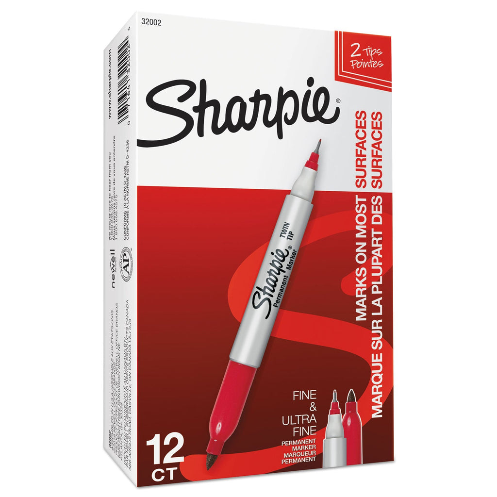 Sharpie Twin-Tip Permanent Marker, Extra-Fine/Fine Bullet Tips, Red, Dozen
