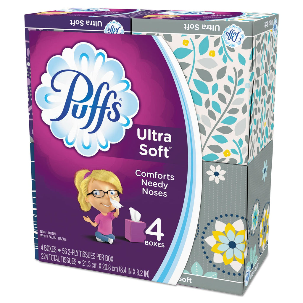 Puffs Ultra Soft Facial Tissue, 2-Ply, White, 56 Sheets/Box, 4 Boxes/Pack