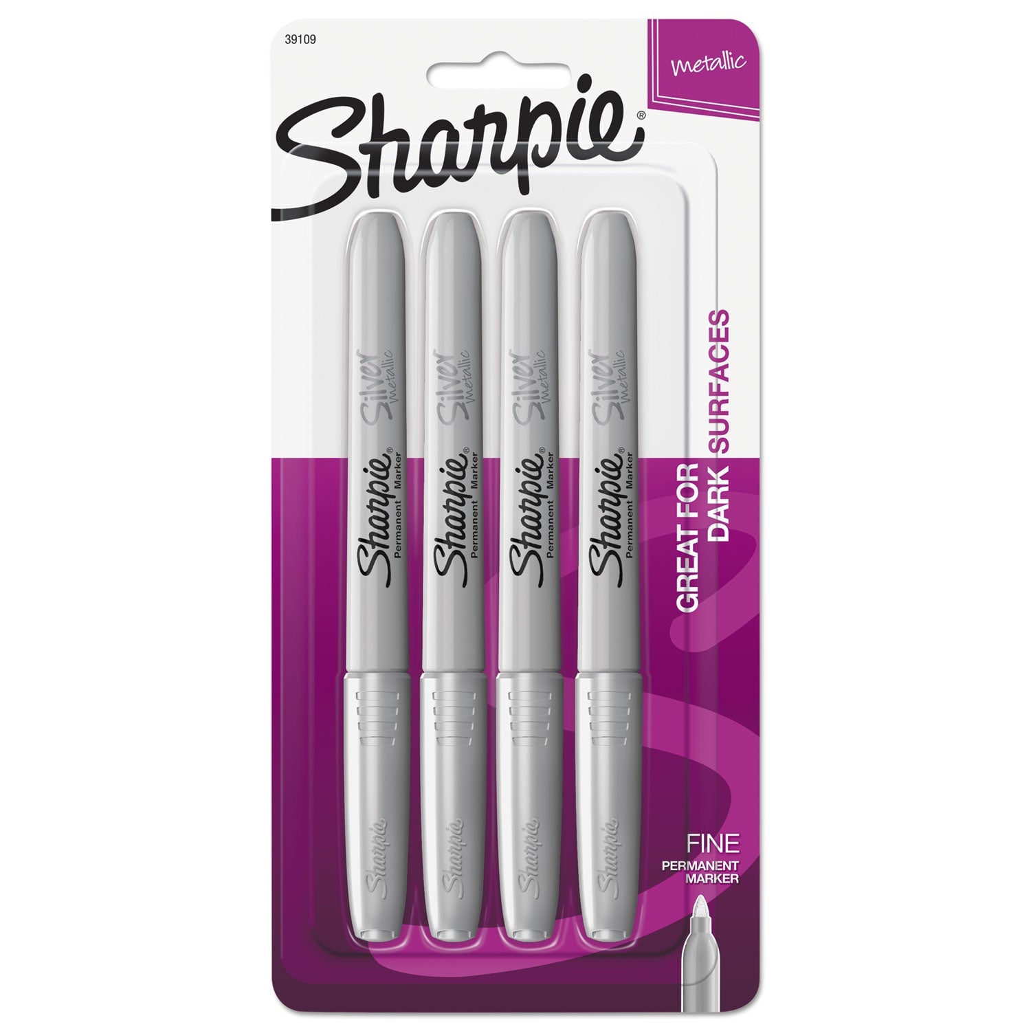 Sharpie Metallic Fine Point Permanent Markers, Fine Bullet Tip, Metallic Silver, 4/Pack