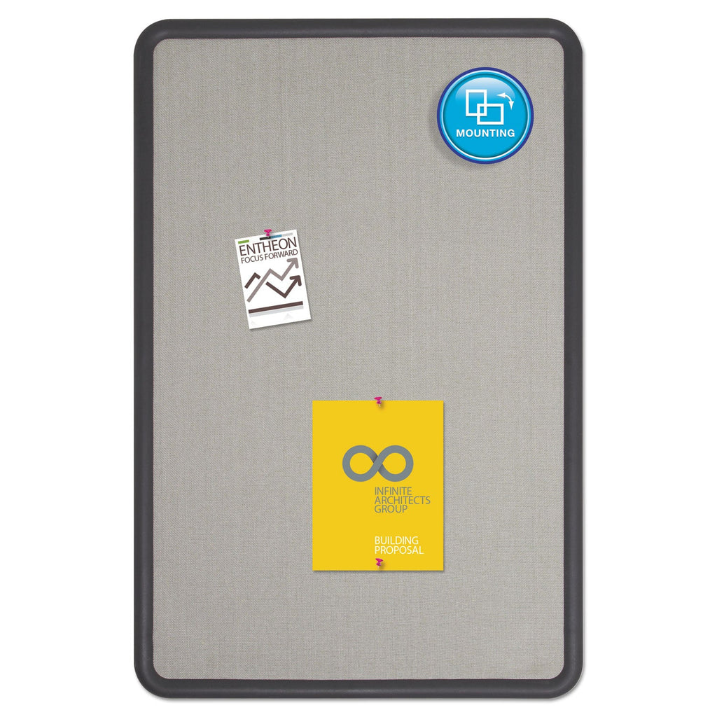 Quartet Contour Fabric Bulletin Board, 48 x 36, Gray Surface, Black Plastic Frame