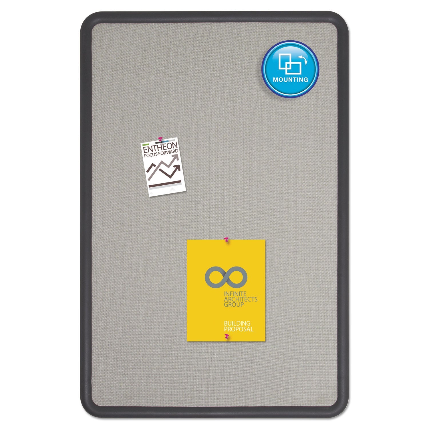 Quartet Contour Fabric Bulletin Board, 48 x 36, Gray Surface, Black Plastic Frame