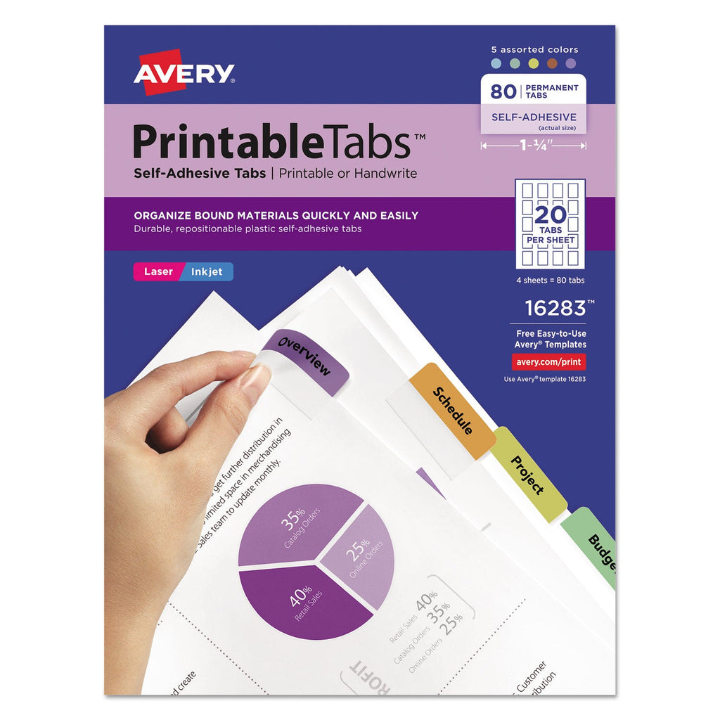Avery Printable Plastic Tabs with Repositionable Adhesive, 1/5-Cut, Assorted Colors, 1.75" Wide, 80/Pack