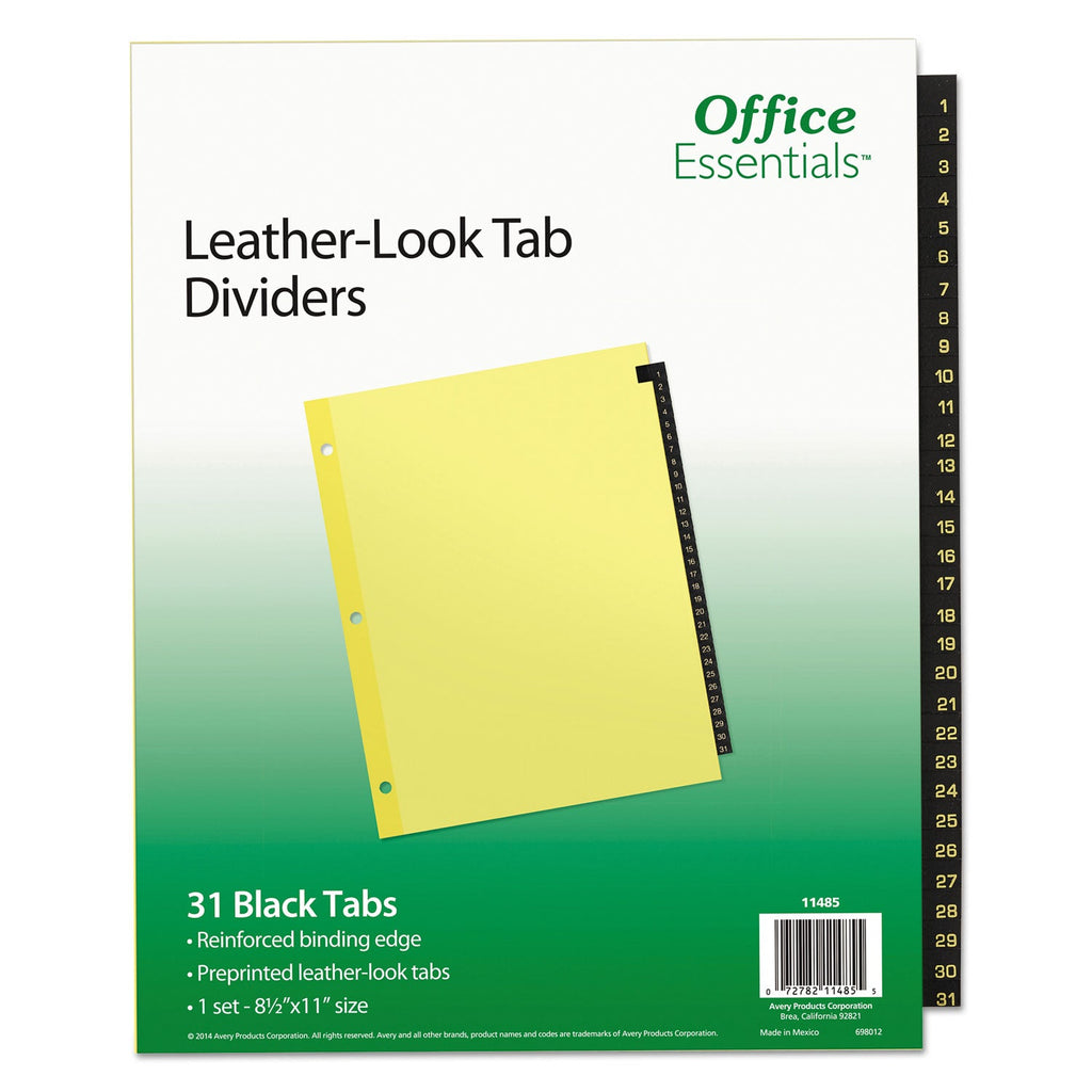 Office Essentials Preprinted Black Leather Tab Dividers, 31-Tab, 1 to 31, 11 x 8.5, Buff, 1 Set