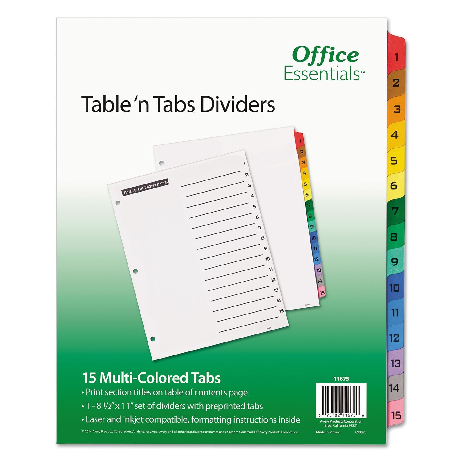 Office Essentials Table 'n Tabs Dividers, 15-Tab, 1 to 15, 11 x 8.5, White, Assorted Tabs, 1 Set