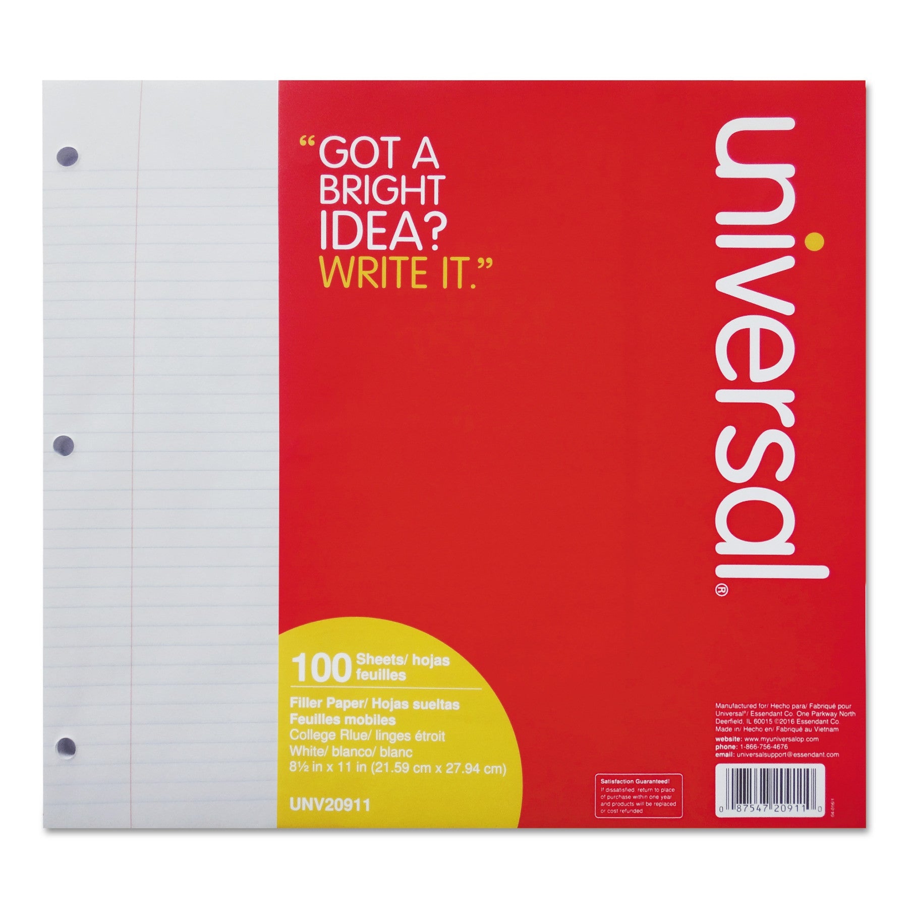 Universal Filler Paper, 3-Hole, 8.5 x 11, Medium/College Rule, 100/Pack