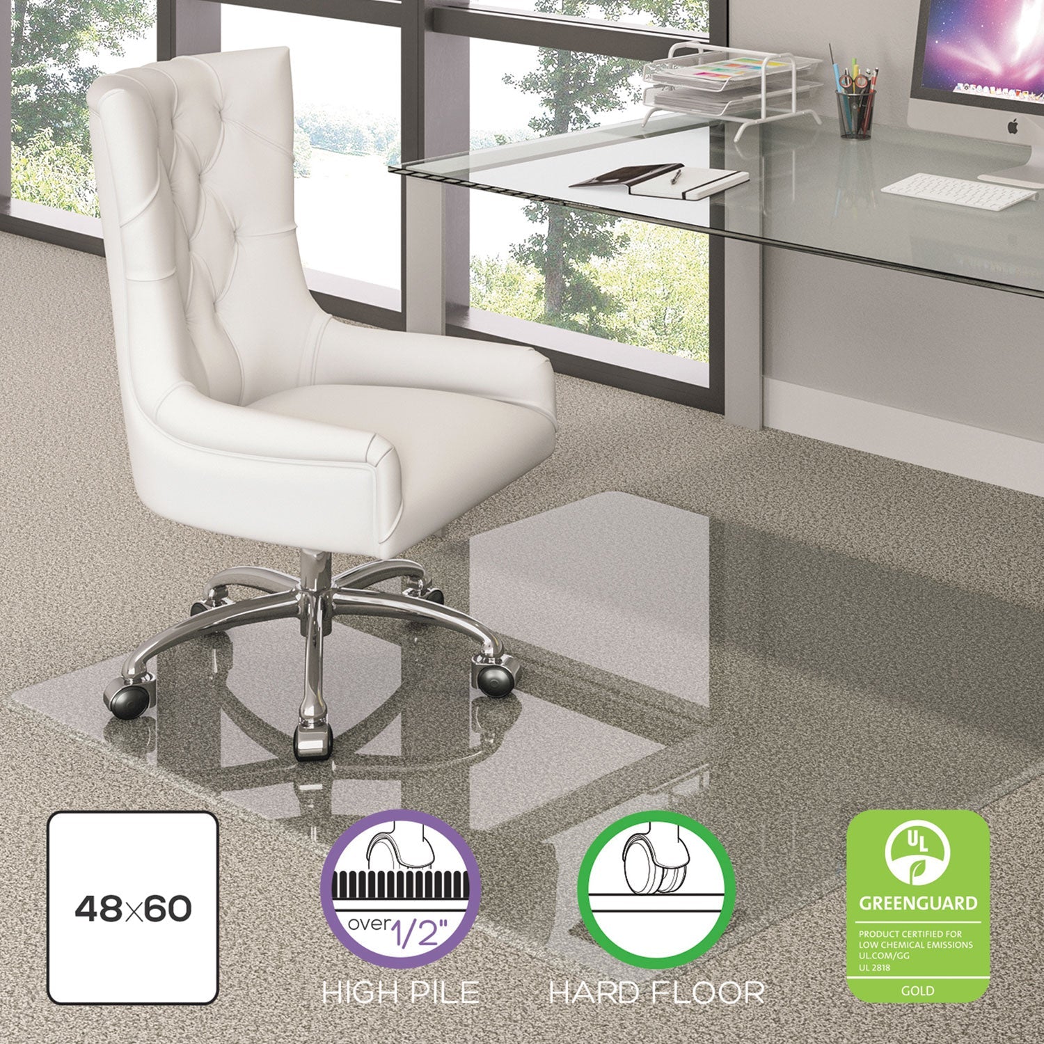 deflecto Premium Glass All Day Use Chair Mat - All Floor Types, 48 x 60, Rectangular, Clear