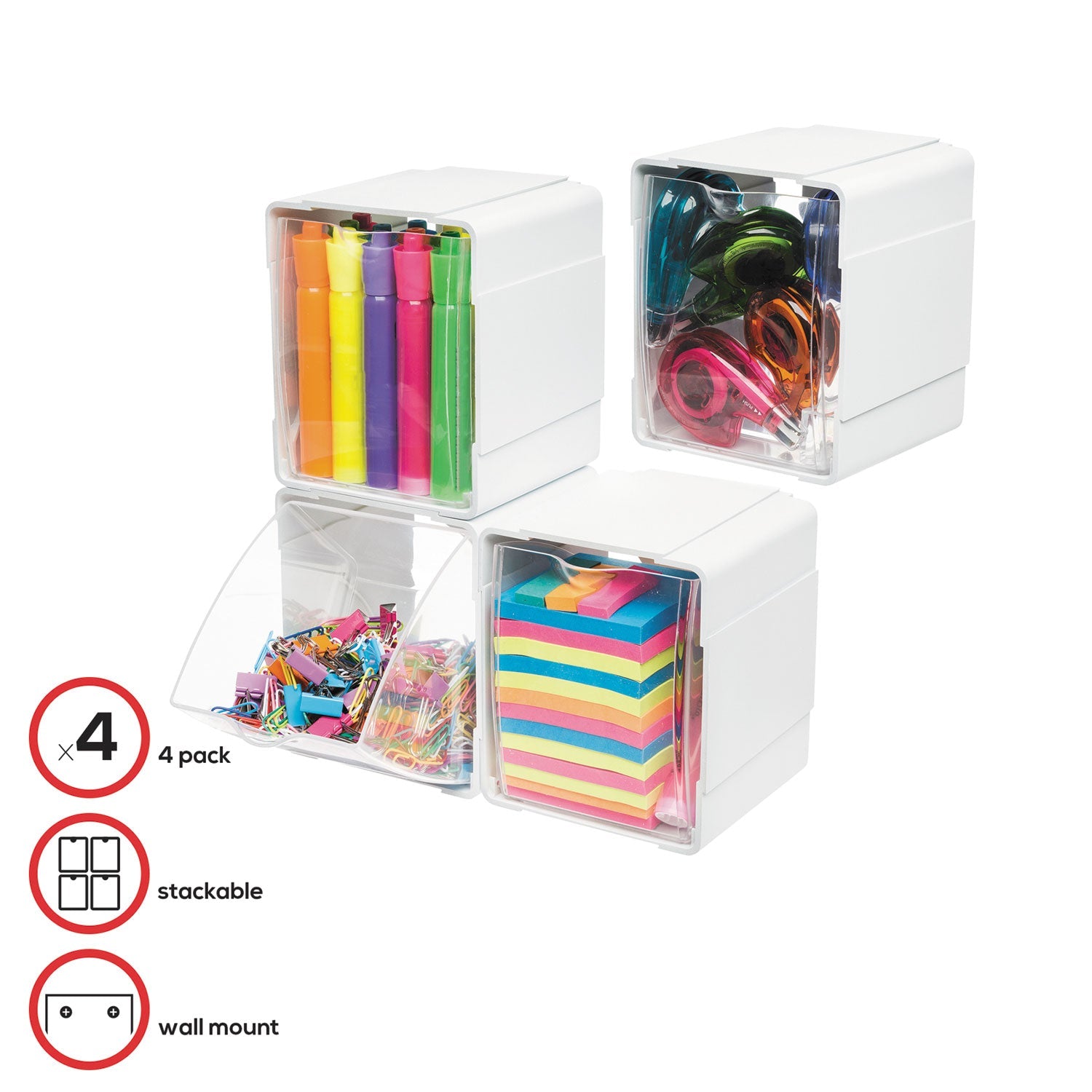 deflecto Tilt Bin Interlocking 4-Bin Organizer, Plastic, 4.63 x 4.88 x 5.5, White/Clear