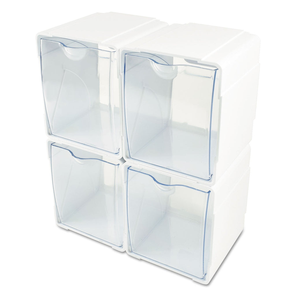 deflecto Tilt Bin Interlocking 4-Bin Organizer, Plastic, 4.63 x 4.88 x 5.5, White/Clear