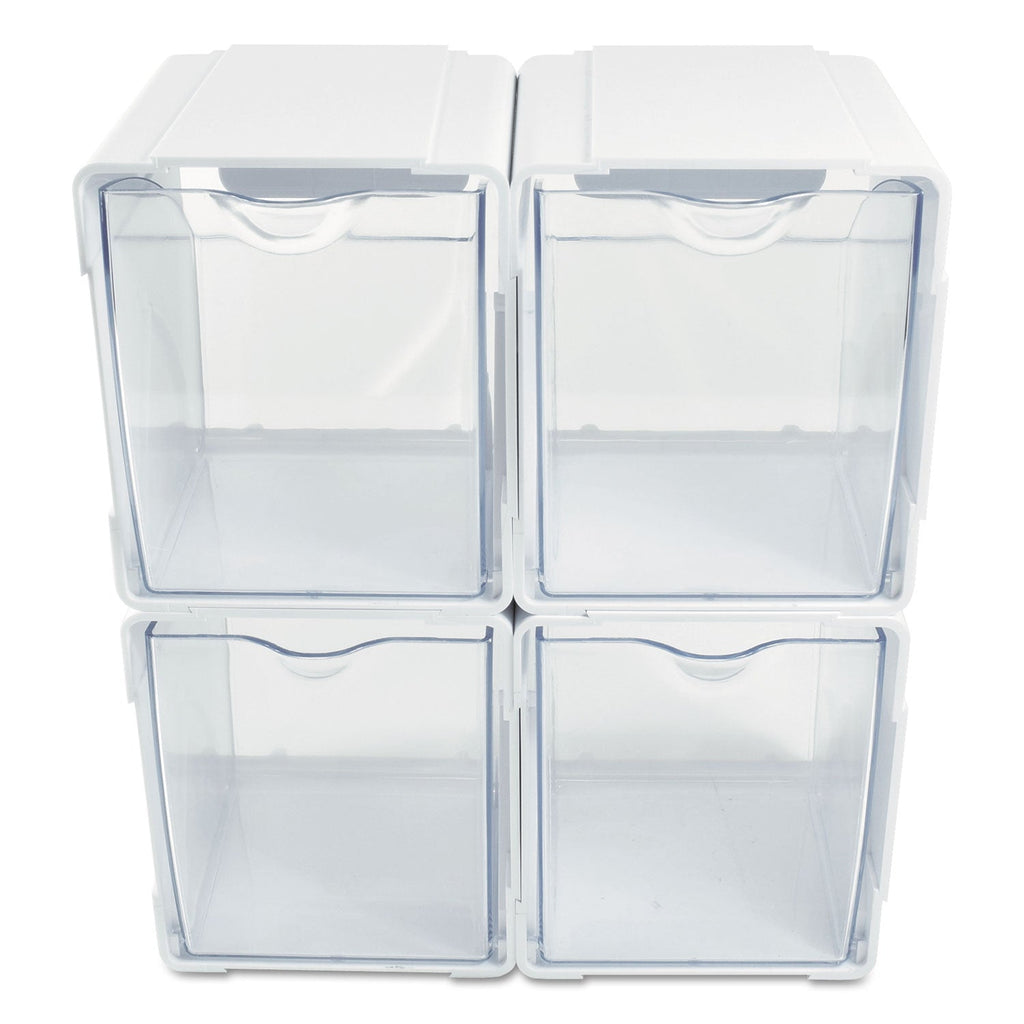deflecto Tilt Bin Interlocking 4-Bin Organizer, Plastic, 4.63 x 4.88 x 5.5, White/Clear