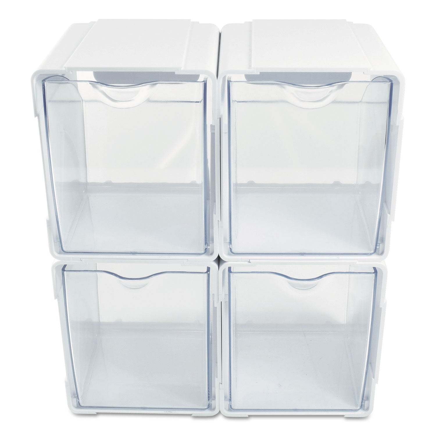 deflecto Tilt Bin Interlocking 4-Bin Organizer, Plastic, 4.63 x 4.88 x 5.5, White/Clear