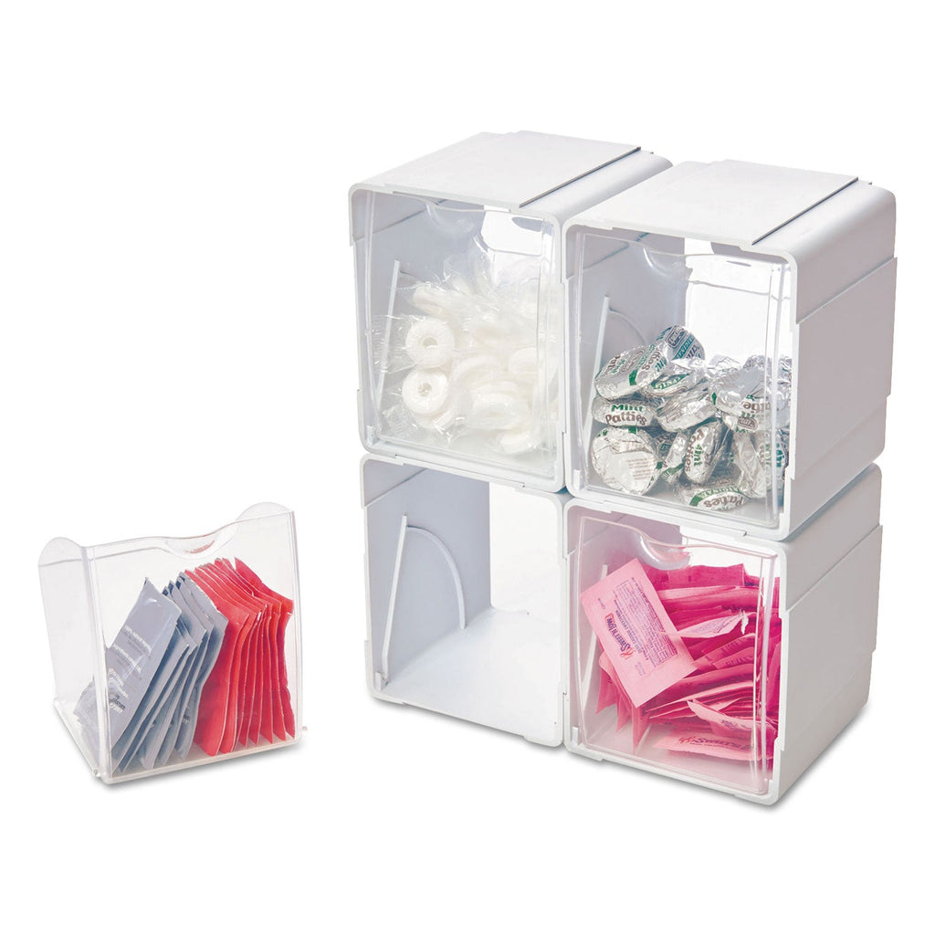 deflecto Tilt Bin Interlocking 4-Bin Organizer, Plastic, 4.63 x 4.88 x 5.5, White/Clear