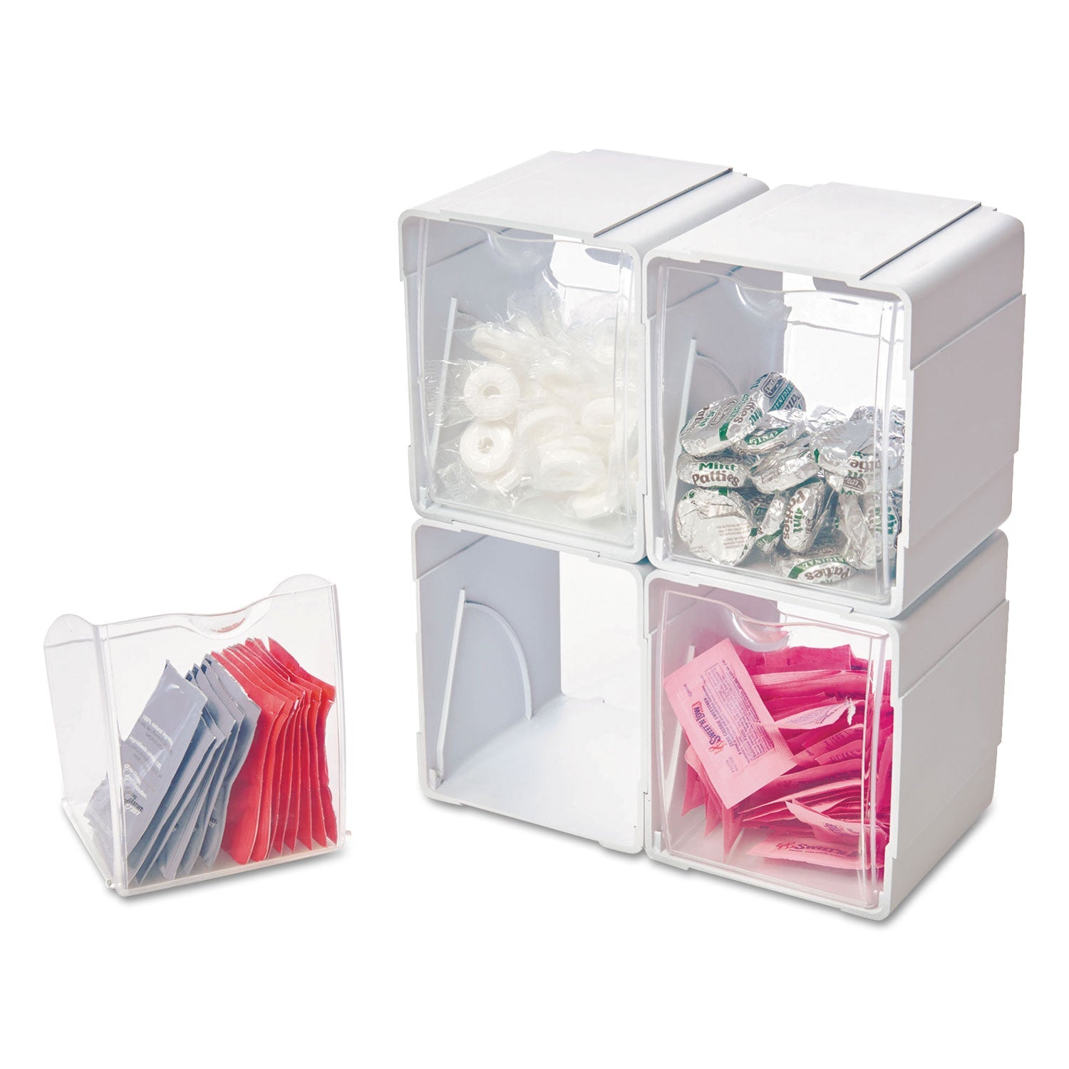 deflecto Tilt Bin Interlocking 4-Bin Organizer, Plastic, 4.63 x 4.88 x 5.5, White/Clear