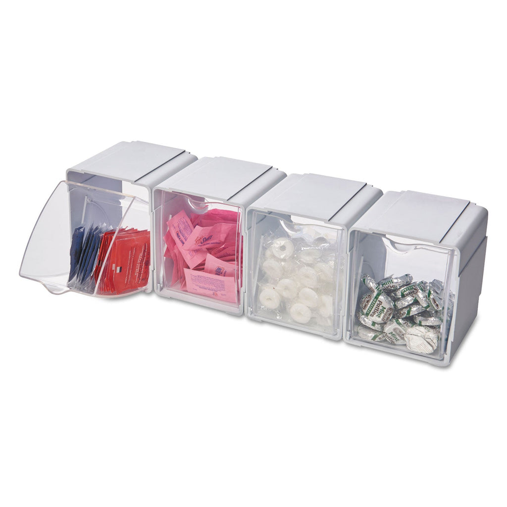 deflecto Tilt Bin Interlocking 4-Bin Organizer, Plastic, 4.63 x 4.88 x 5.5, White/Clear