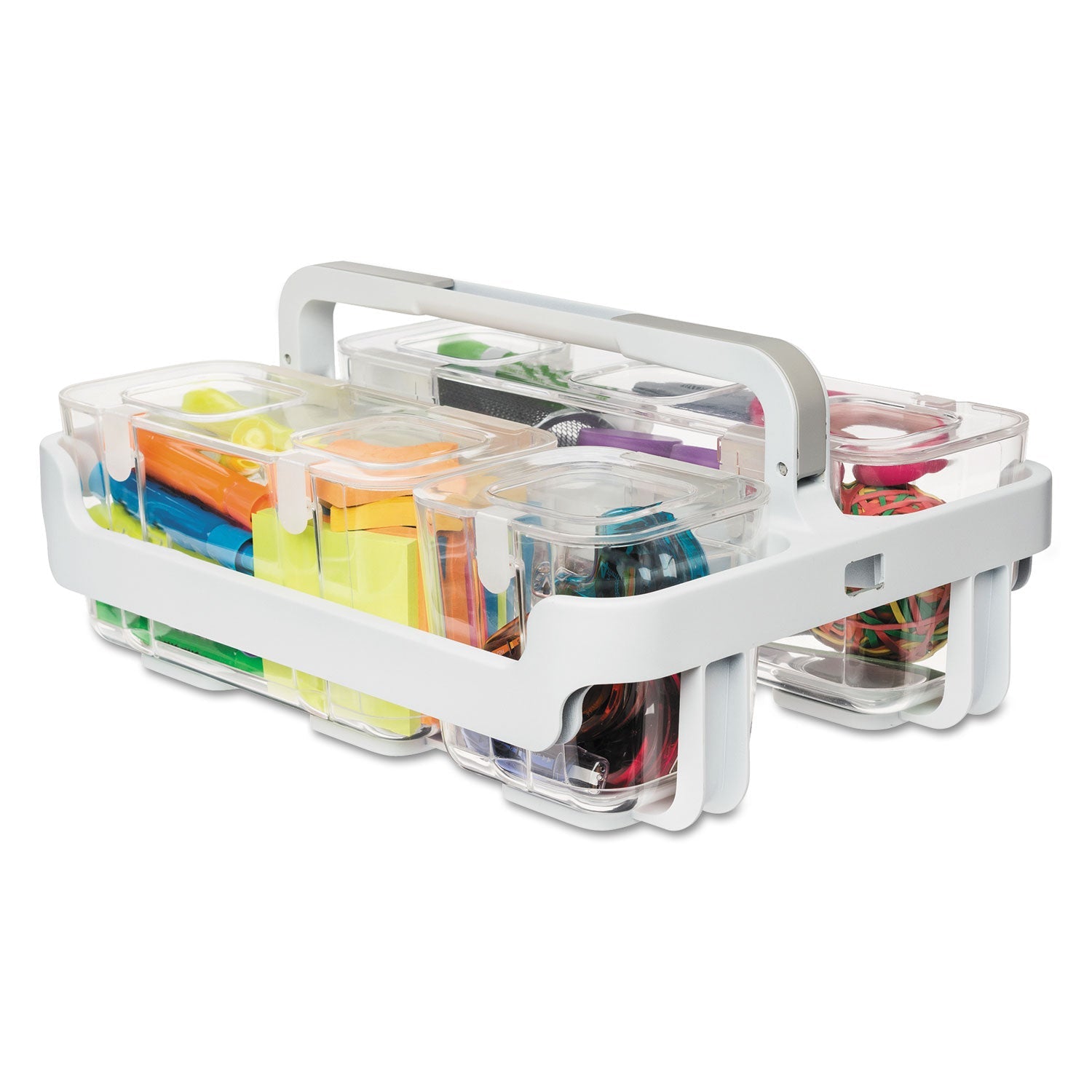 deflecto Stackable Caddy Organizer with S, M and L Containers, Plastic, 10.5 x 14 x 6.5, White Caddy/Clear Containers