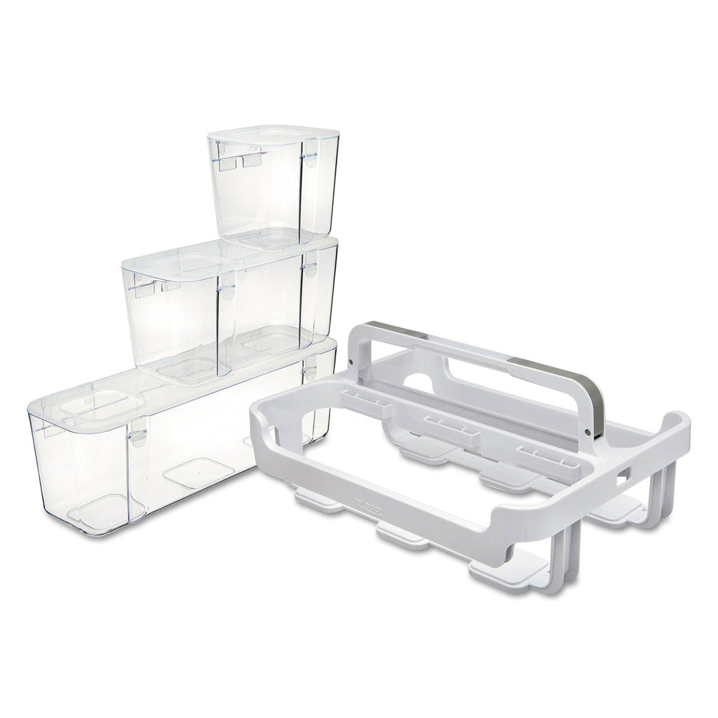 deflecto Stackable Caddy Organizer with S, M and L Containers, Plastic, 10.5 x 14 x 6.5, White Caddy/Clear Containers