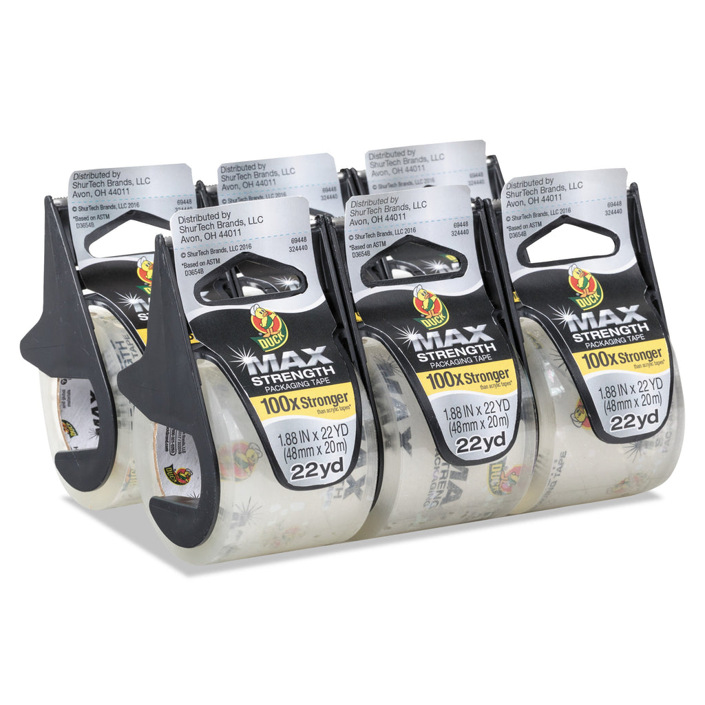 Duck MAX Packaging Tape with Dispenser, 1.5" Core, 1.88" x 22 yds, Crystal Clear, 6/Pack