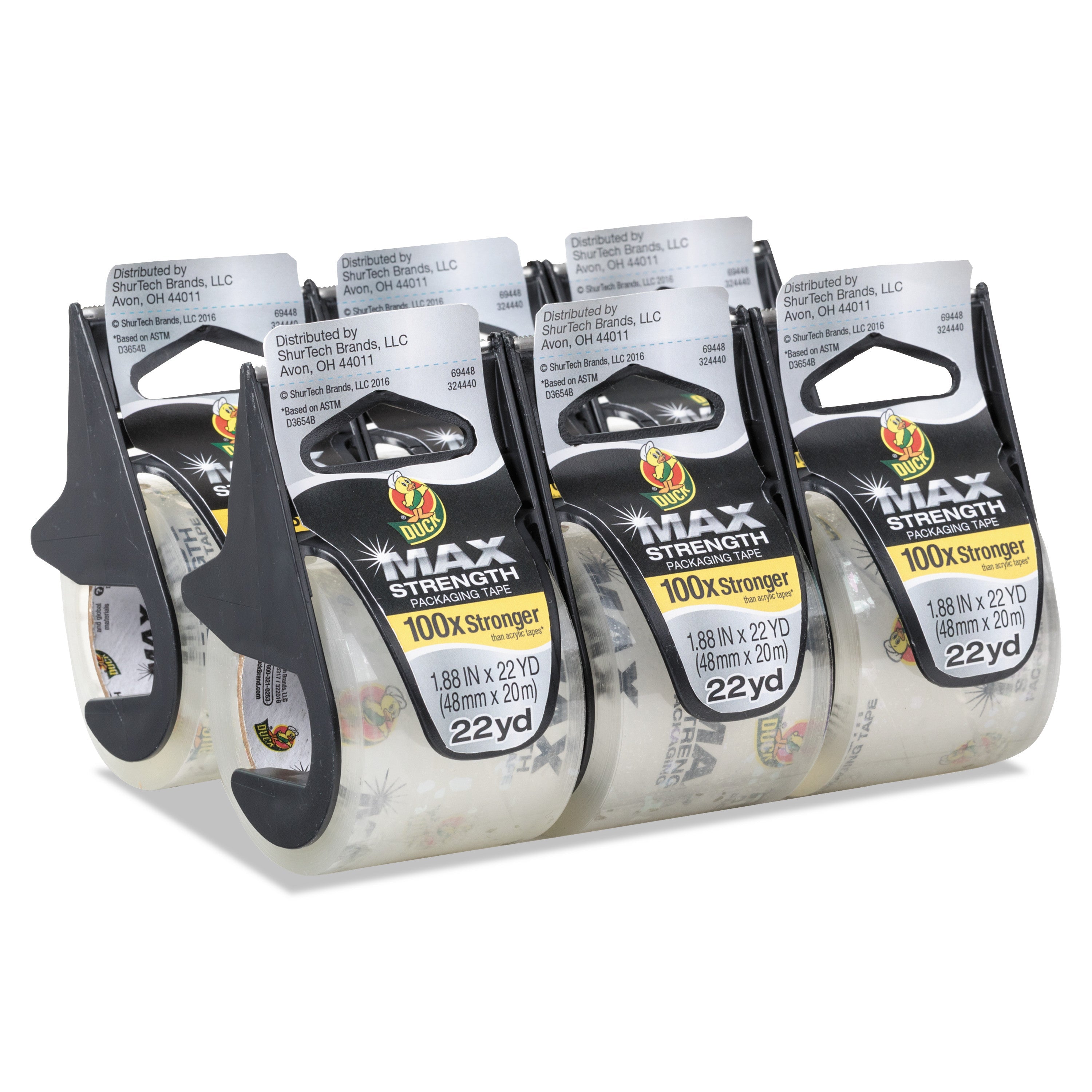 Duck MAX Packaging Tape with Dispenser, 1.5" Core, 1.88" x 22 yds, Crystal Clear, 6/Pack