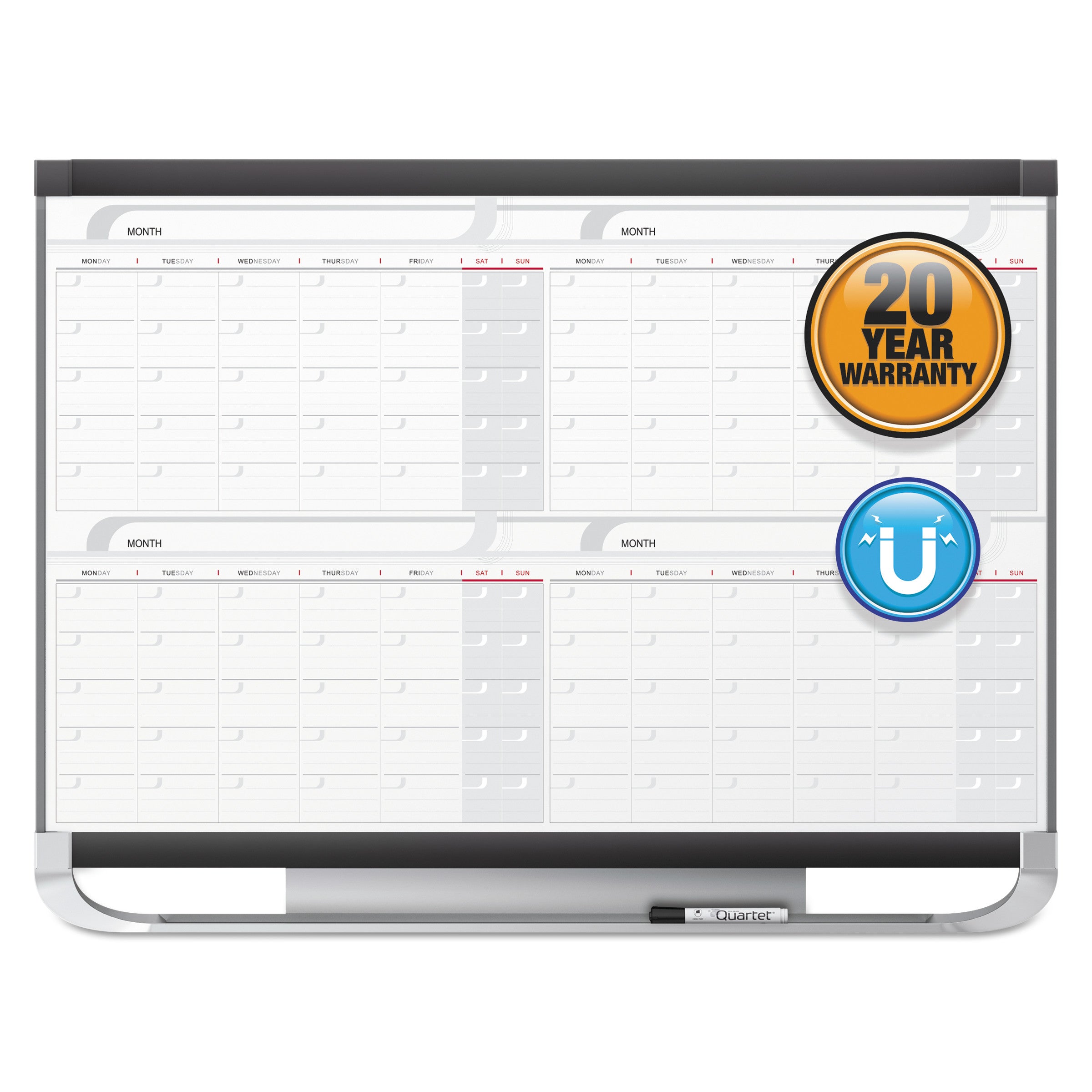 Quartet Prestige 2 Magnetic Total Erase 4-Month Calendar, 36 x 24, Graphite Color Frame
