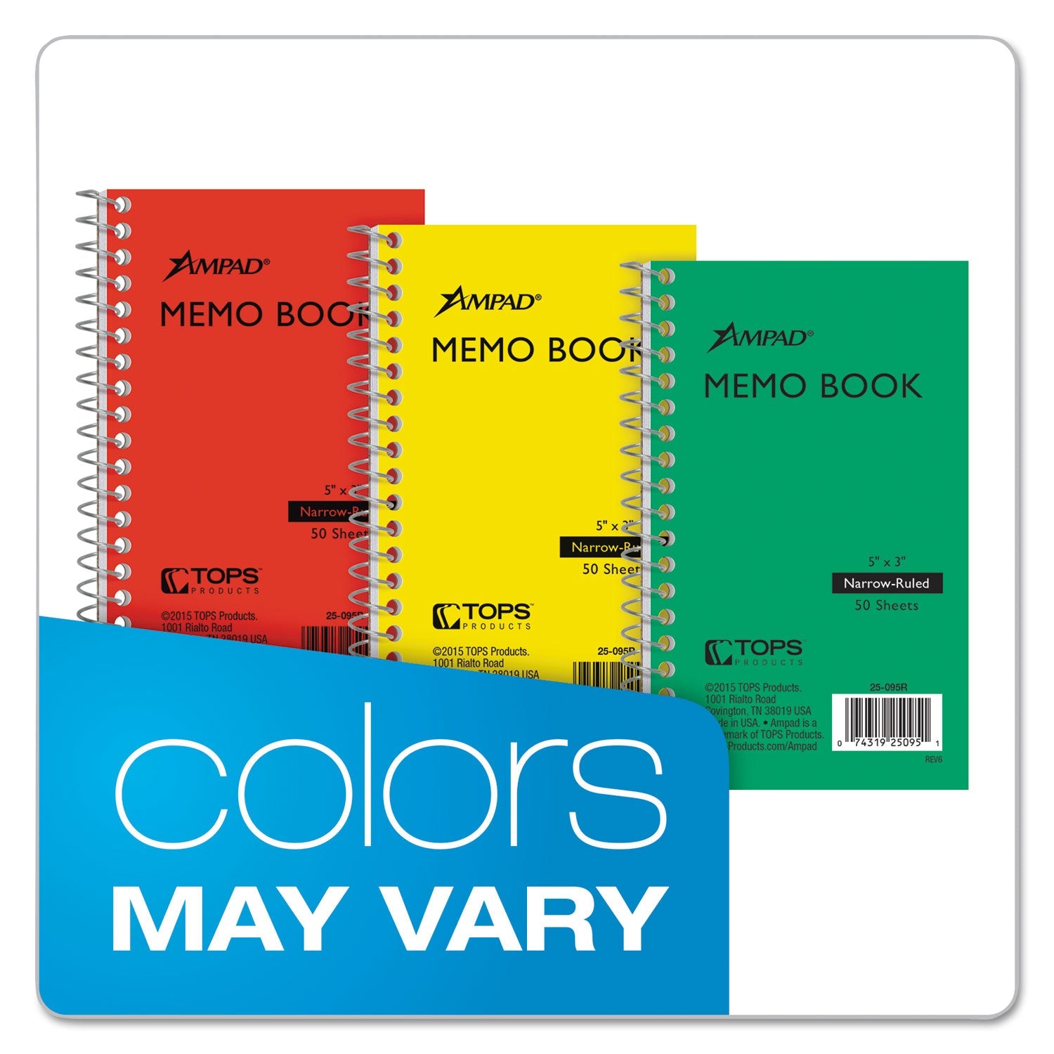 Ampad Memo Books, Narrow Rule, Randomly Assorted Covers, 5 x 3, 50 Sheets