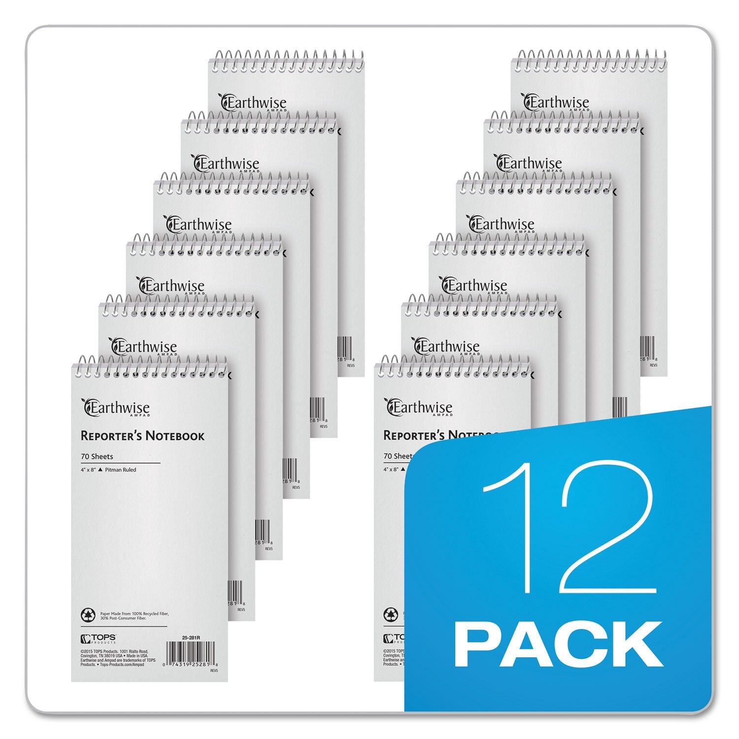 Ampad Earthwise by Ampad Recycled Reporter's Notepad, Pitman Rule, White Cover, 70 White 4 x 8 Sheets