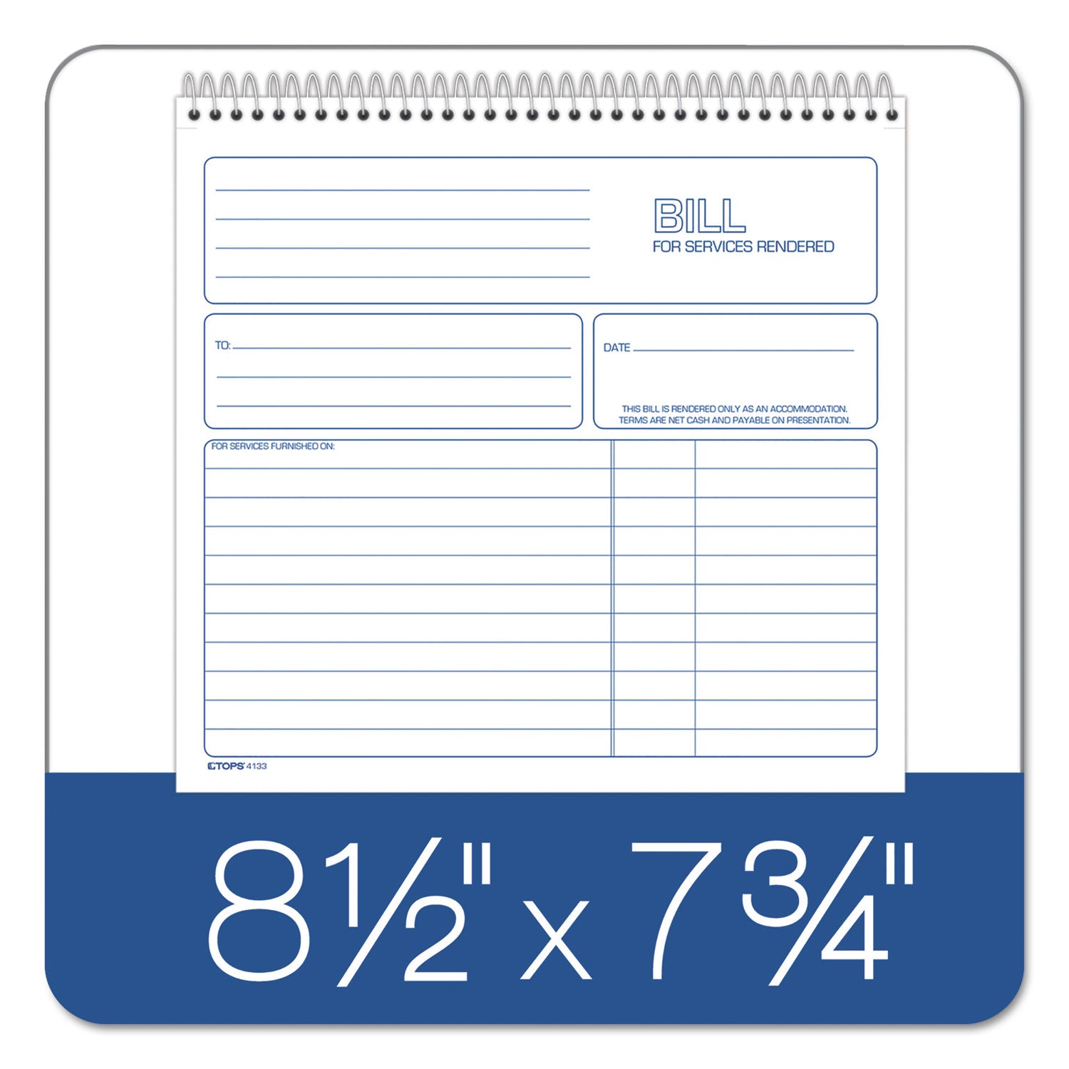 TOPS Spiralbound Service Invoices, Two-Part Carbonless, 8.5 x 7.75, 1/Page, 50 Forms