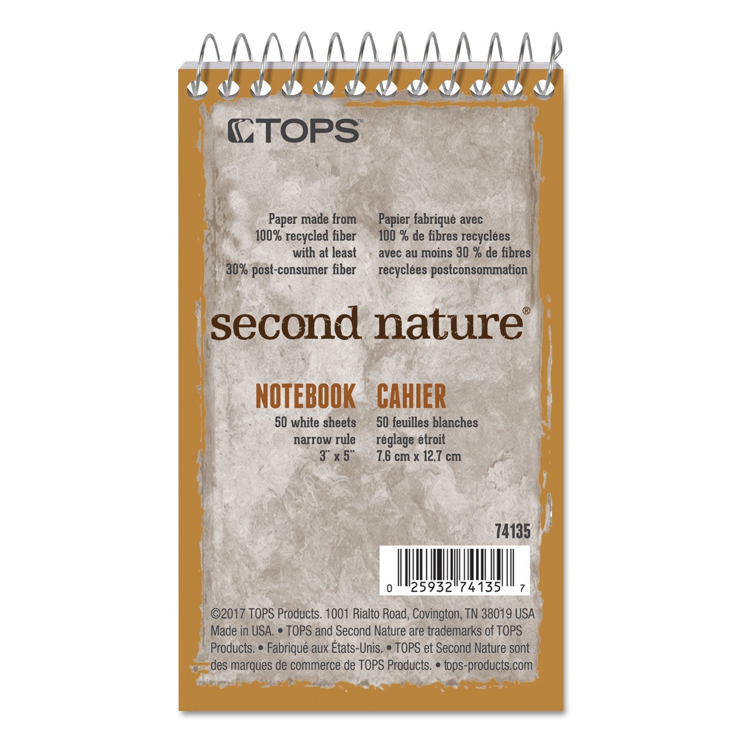TOPS Second Nature Wirebound Notepads, Narrow Rule, Randomly Assorted Cover Colors, 50 White 3 x 5 Sheets