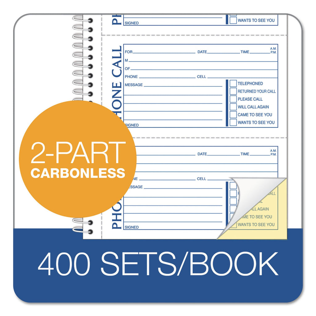 TOPS Second Nature Phone Call Book, Two-Part Carbonless, 2.75 x 5, 4/Page, 400 Forms