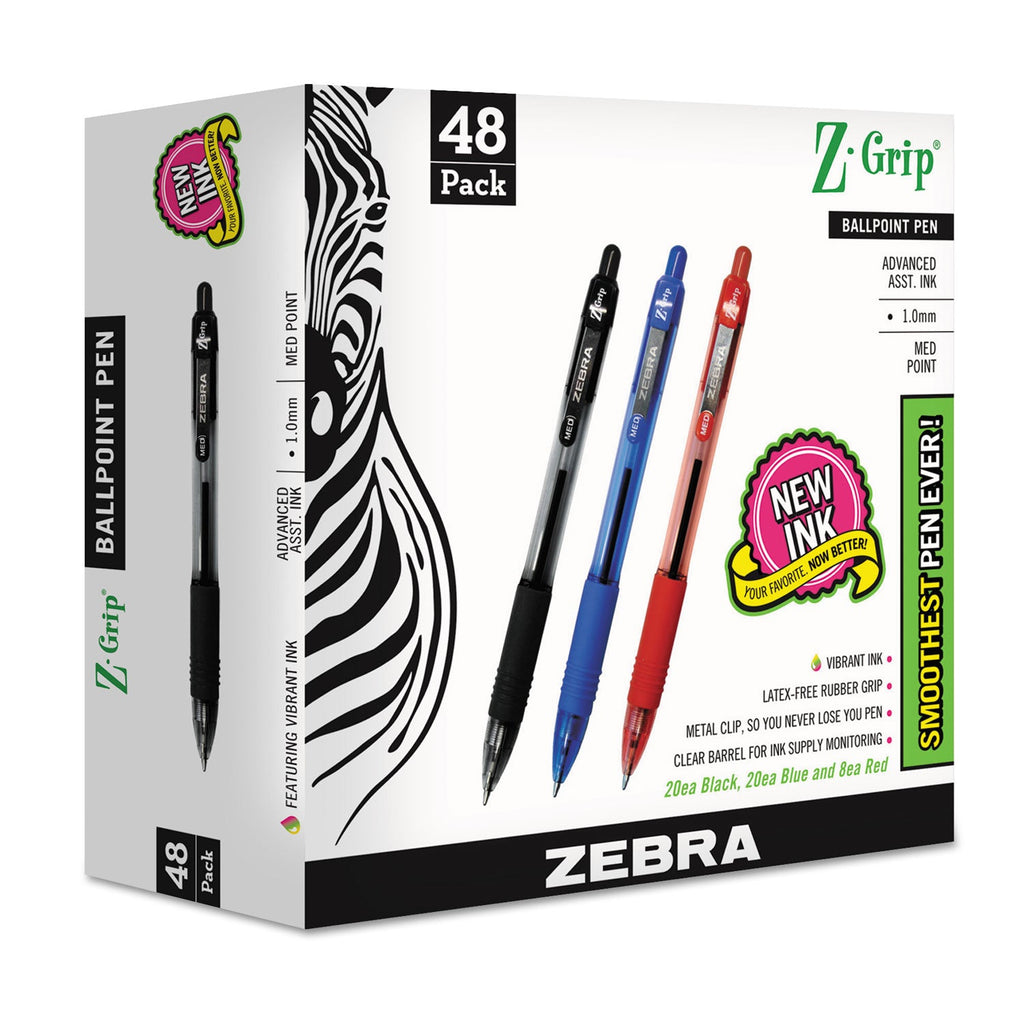Zebra Z-Grip Ballpoint Pen, Retractable, Medium 1 mm, Assorted Ink and Barrel Colors, 48/Pack