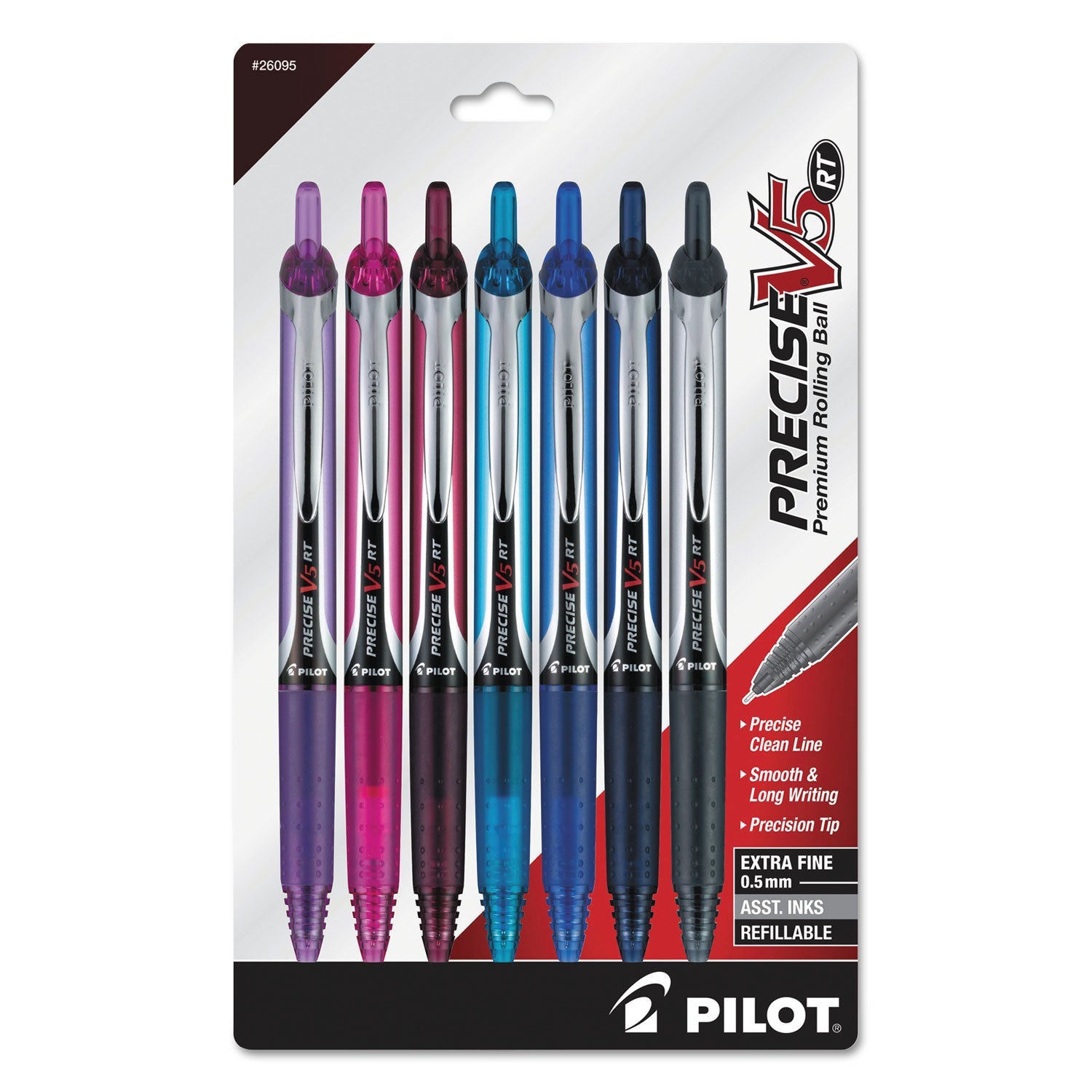 Pilot Precise V5RT Roller Ball Pen, Retractable, Extra-Fine 0.5 mm, Assorted Ink and Barrel Colors, 7/Pack