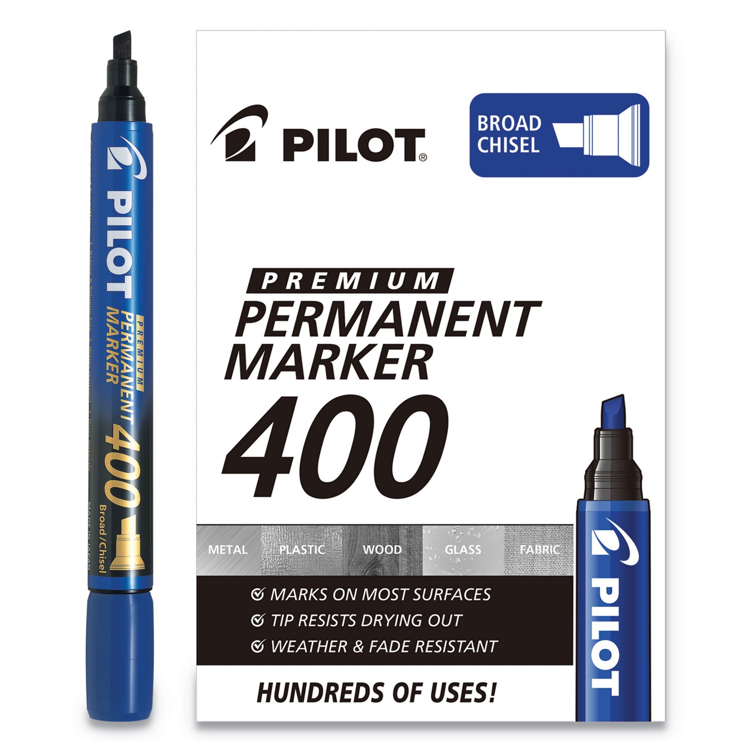 Pilot Premium 400 Permanent Marker, Broad Chisel Tip, Blue, Dozen