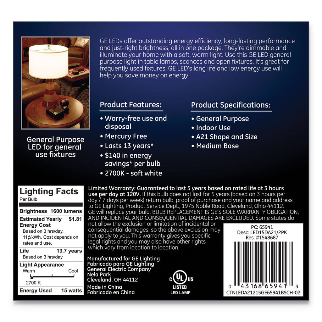 GE LED Soft White A21 Dimmable Light Bulb, 15 W, 2/Pack