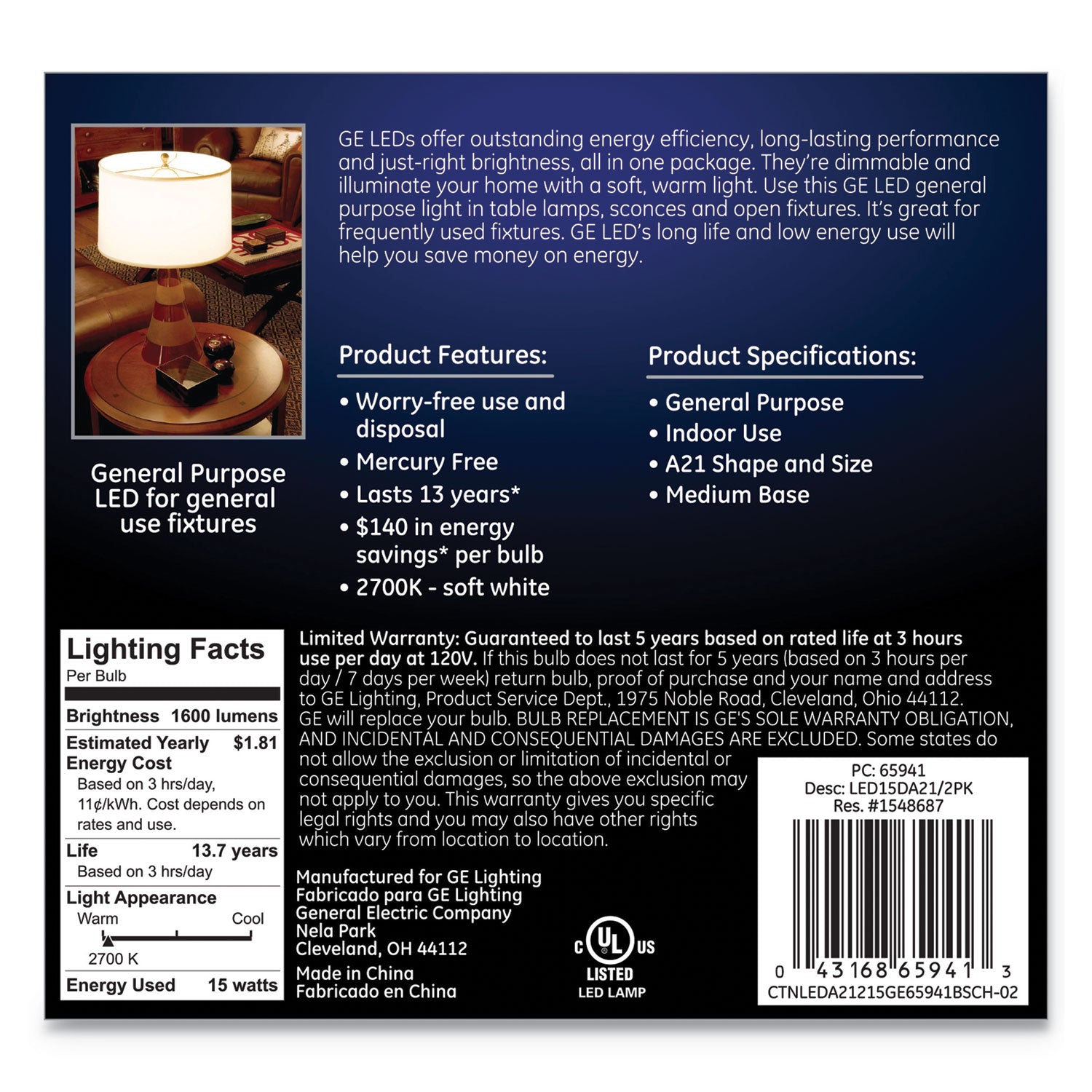 GE LED Soft White A21 Dimmable Light Bulb, 15 W, 2/Pack