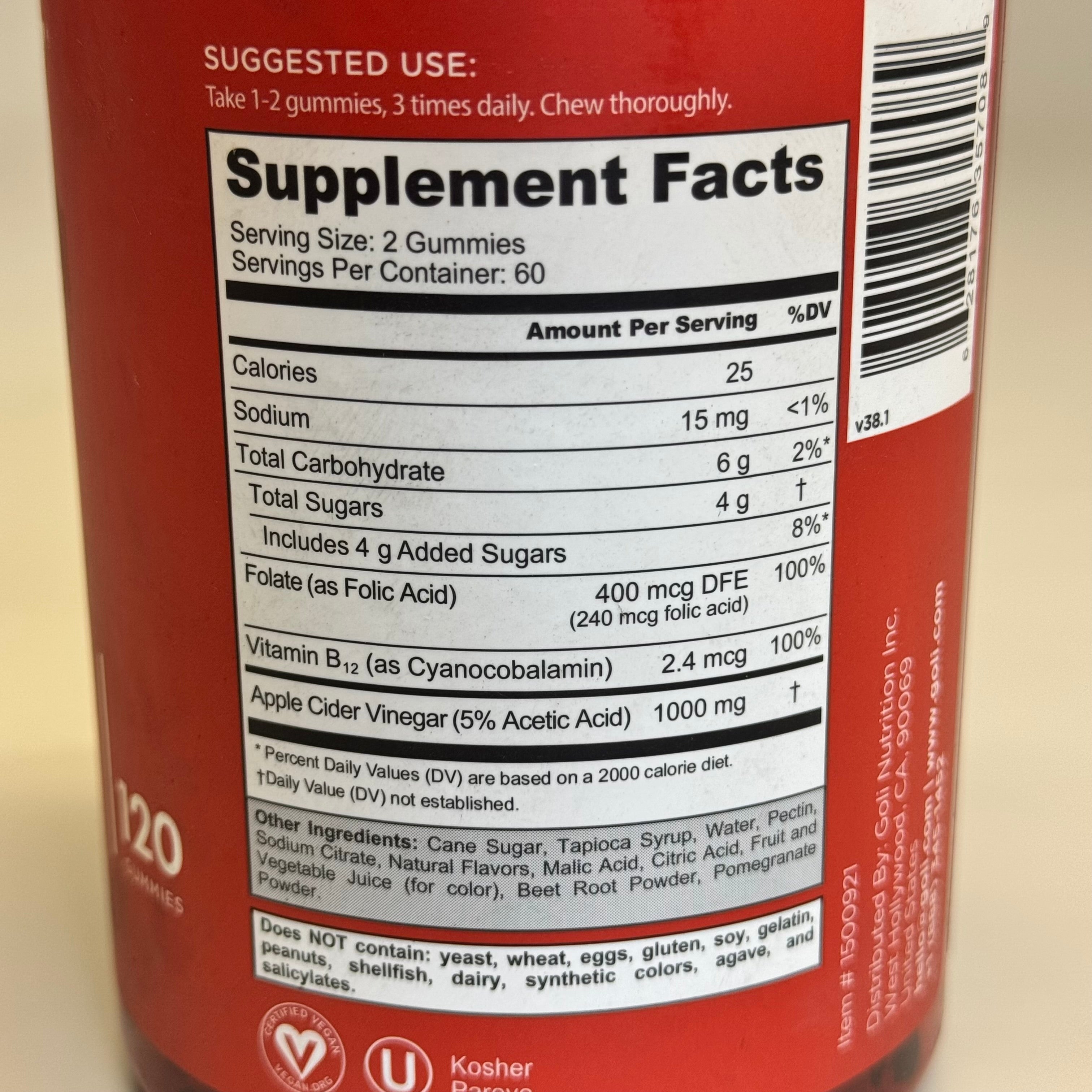 ZA@ GOLÍ Nutrition Apple Cider Vinegar 120 Gummies Sz 6.5” H Red BB Exp 08/25