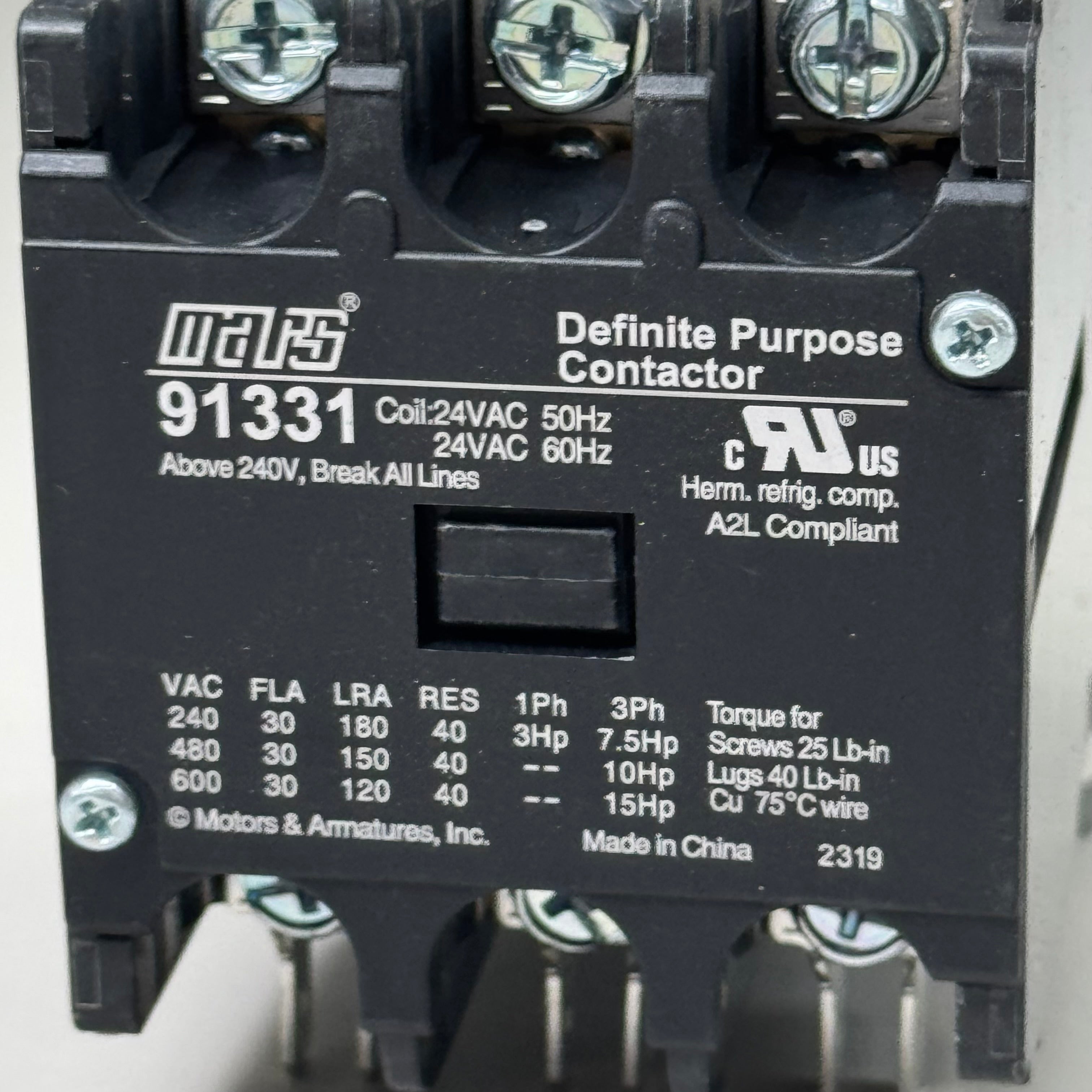 MARS Definite Purpose Contractor 3-Pole 30 Full Load AMP 24 VAC Coil Volt 91331