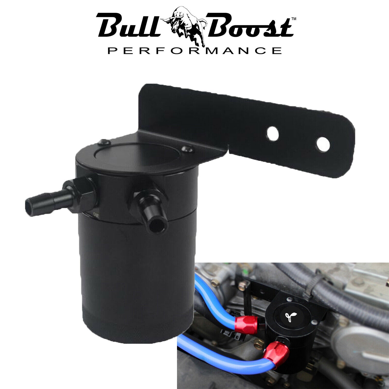 Aluminum Baffled 2 Port Oil Catch Can Reservoir + Mount Bracket