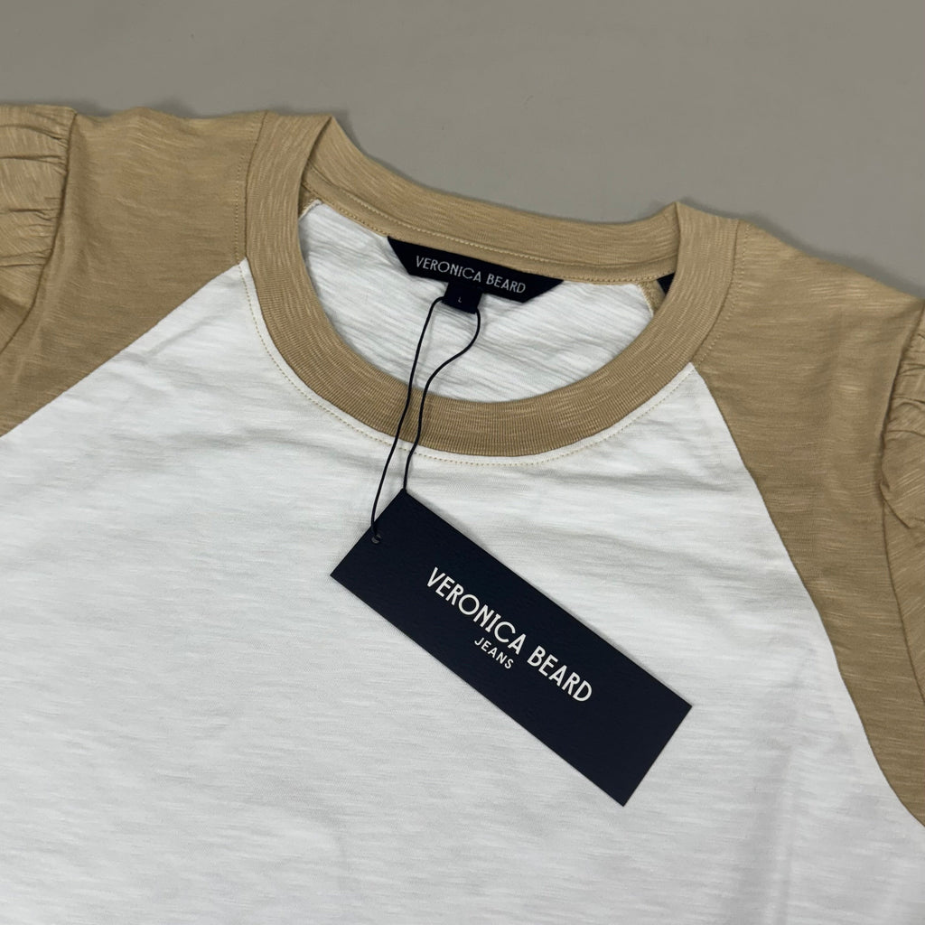VERONICA BEARD Jeans Women's Mason Baseball Tee Sz-L Stone Khaki/White