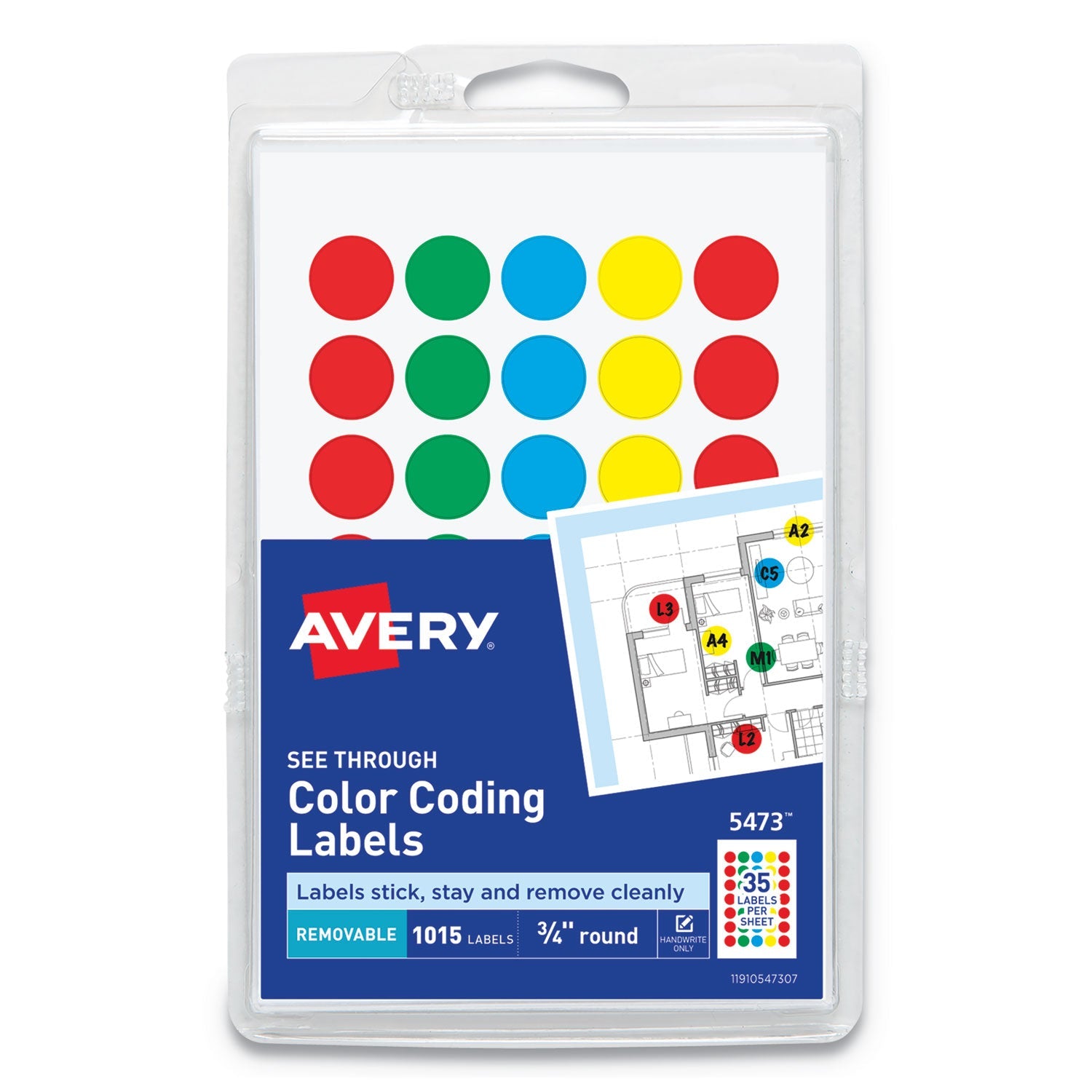 Avery Handwrite-Only Self-Adhesive "See Through" Removable Round Color Dots, 0.75" dia, Assorted, 35/Sheet, 29 Sheets/Pack, (5473)